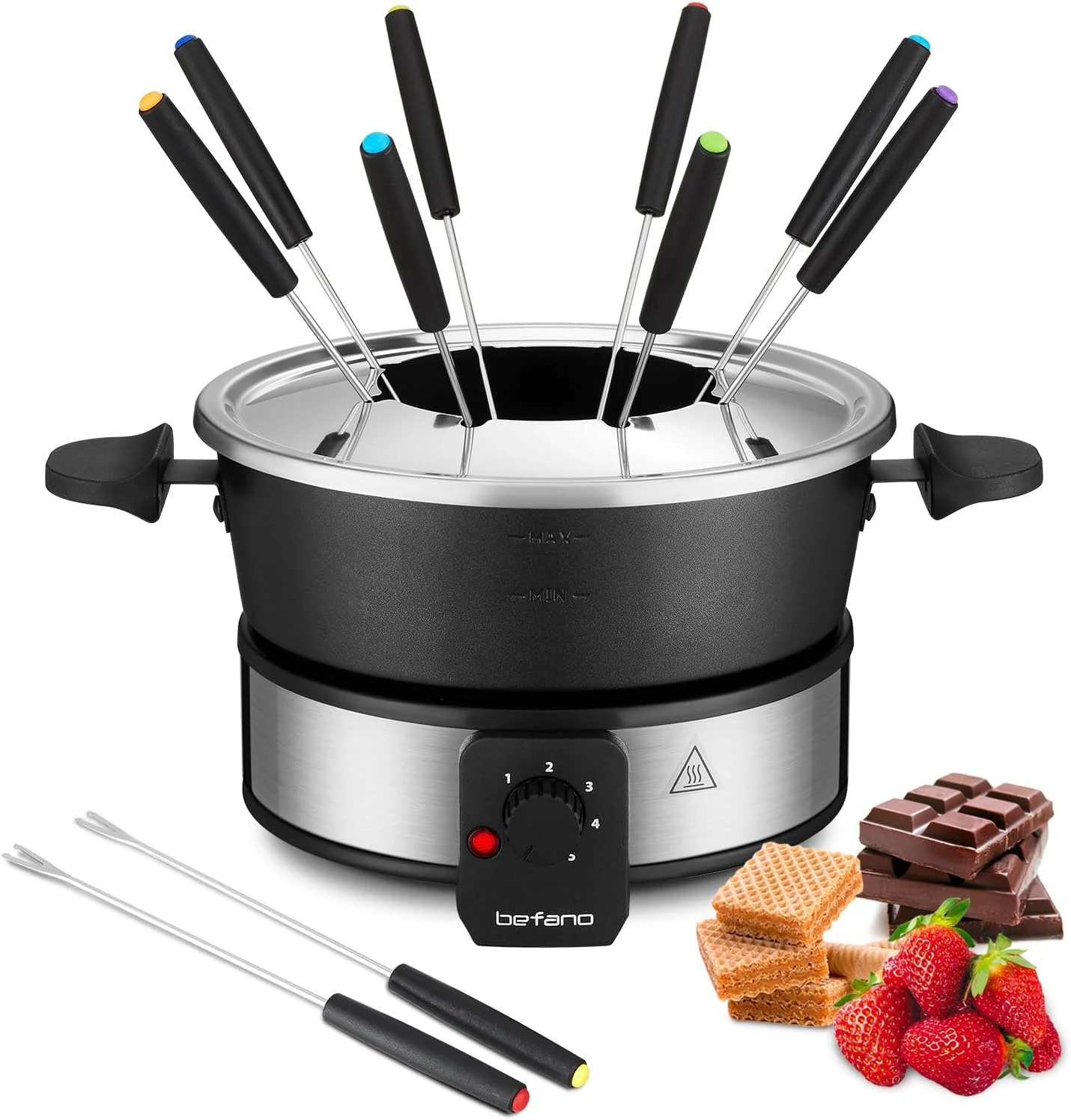 Stainless Steel Fondue Pot with Temperature Control, Forks, Cups, and Rack, 2-Quart, Non-Stick