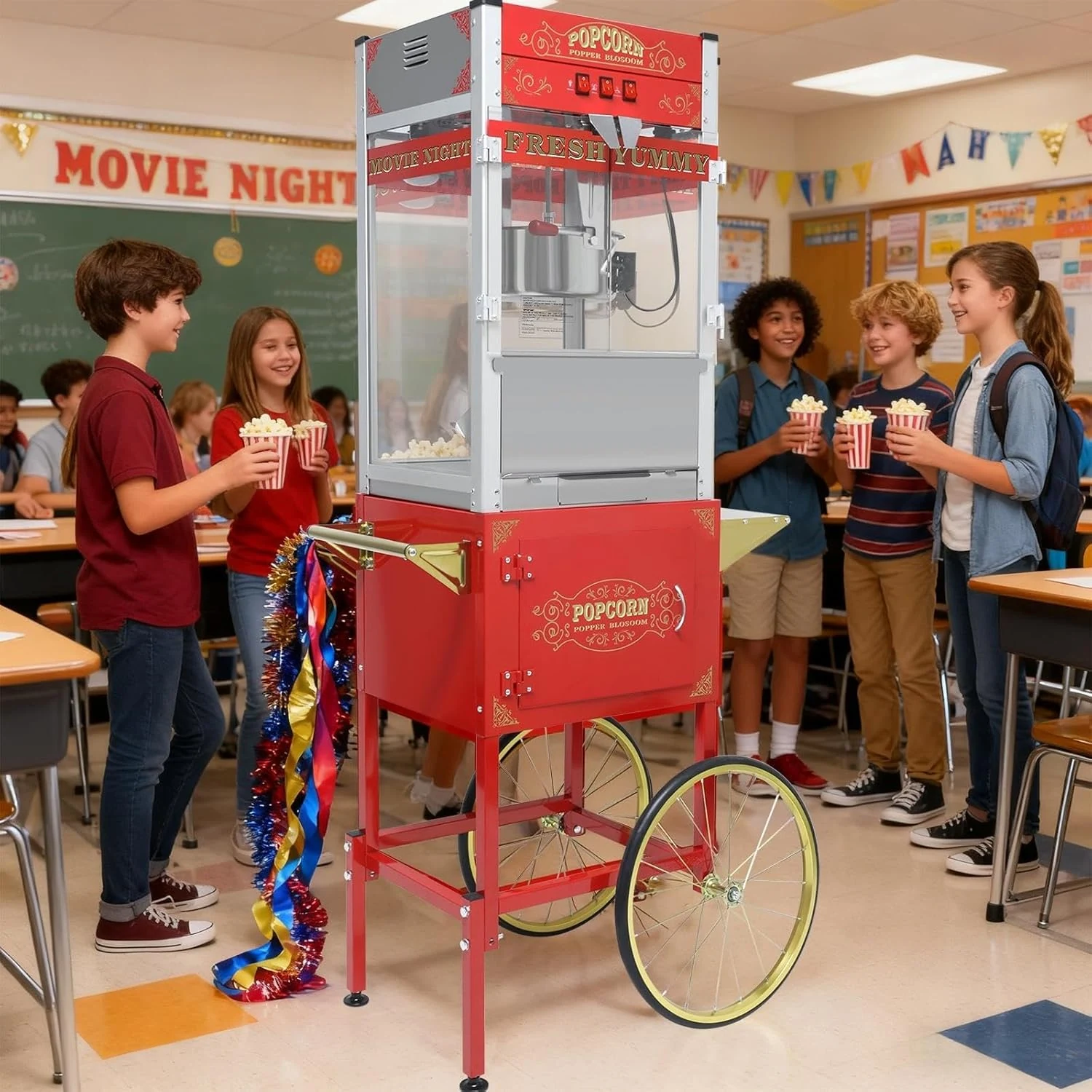 Commercial Popcorn Machine 32OZ with Cart - Stainless Steel Kettle Popper with Wheels, Warming Deck & Tempered Glass, for Business, School, Corporate, Institutional, Theater, Home Use, Red