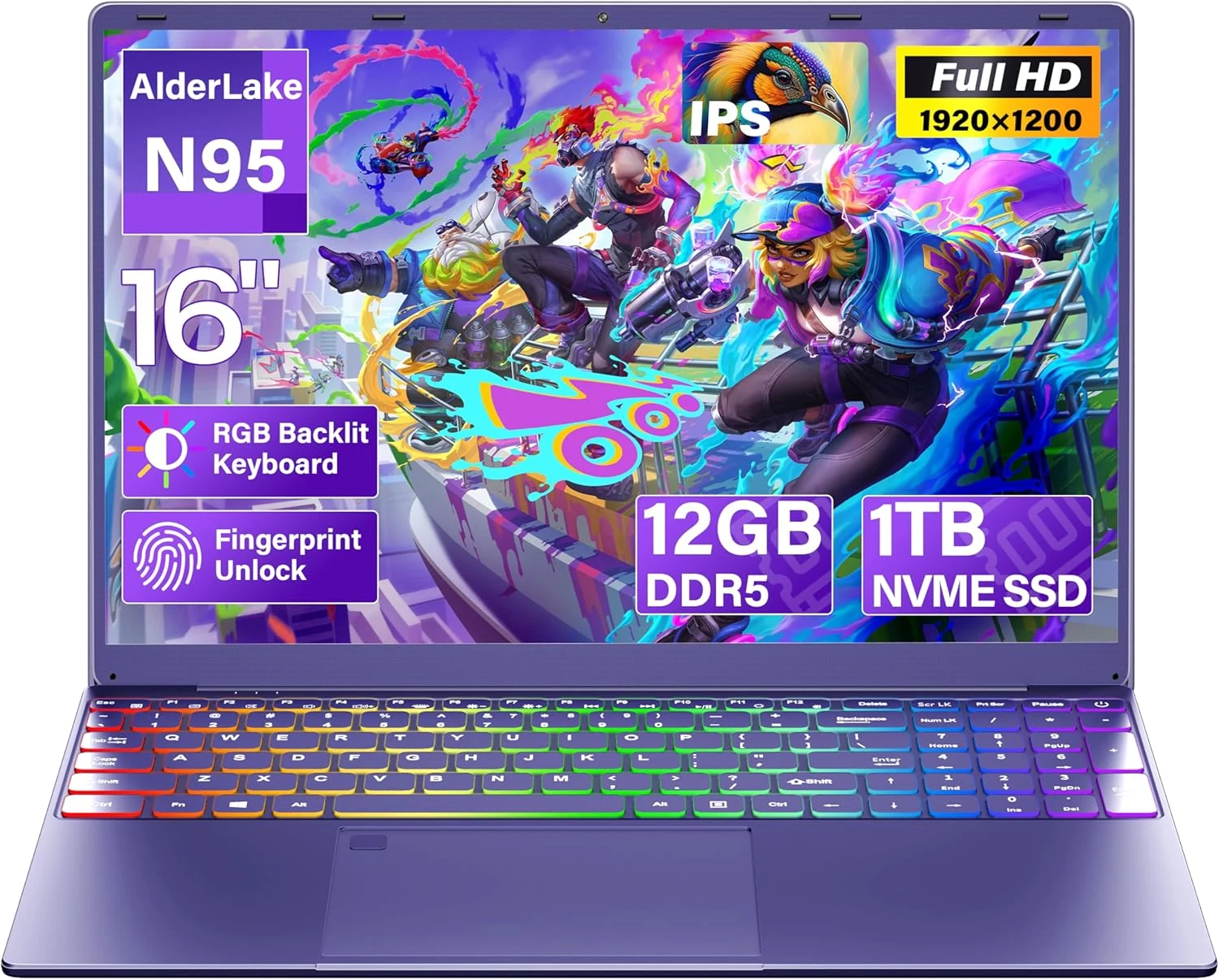 16" Purple Laptop Computer - 1TB NVMe SSD 12GB LPDDR5 RAM, N95 Processor, 1920X1200 FHD+ IPS, RGB Backlit Keyboard, Fingerprint, Win 11 Pro
