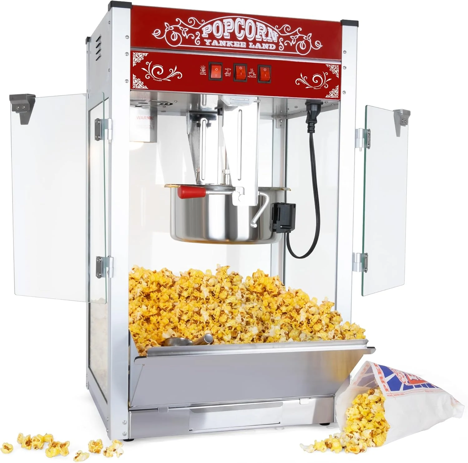 Commercial Popcorn Maker Machine 20 Oz 1440W, Theater Style Popper for 80 Cups/Batch with 3-Switch Control, Steel Frame & Tempered Glass Doors