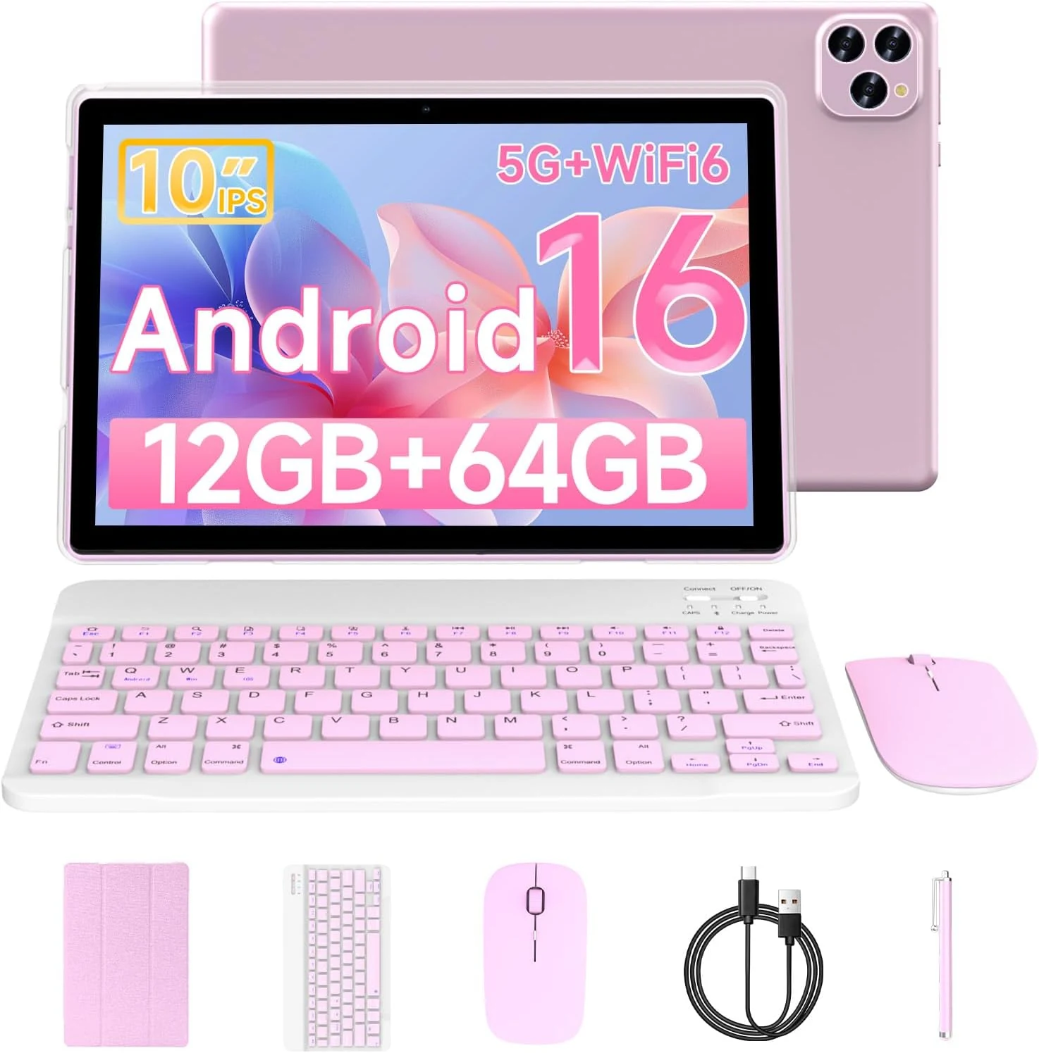 Tablet Android 16 10 Inch 12GB RAM+64GB ROM/ 1TB Expandable Tablet, 1280 × 800 HD Touch Screen, 5G WiFi6 BT 5.0, 2 in 1 Tablets with Keyboard Case Mouse Stylus (Pink)
