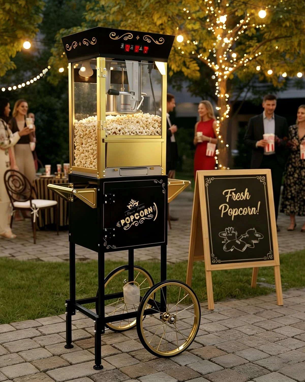 Large Popcorn Machine with Cart: 12 Oz Vintage Commercial Popcorn with Foldable Stand Makes Up to 48 Cups