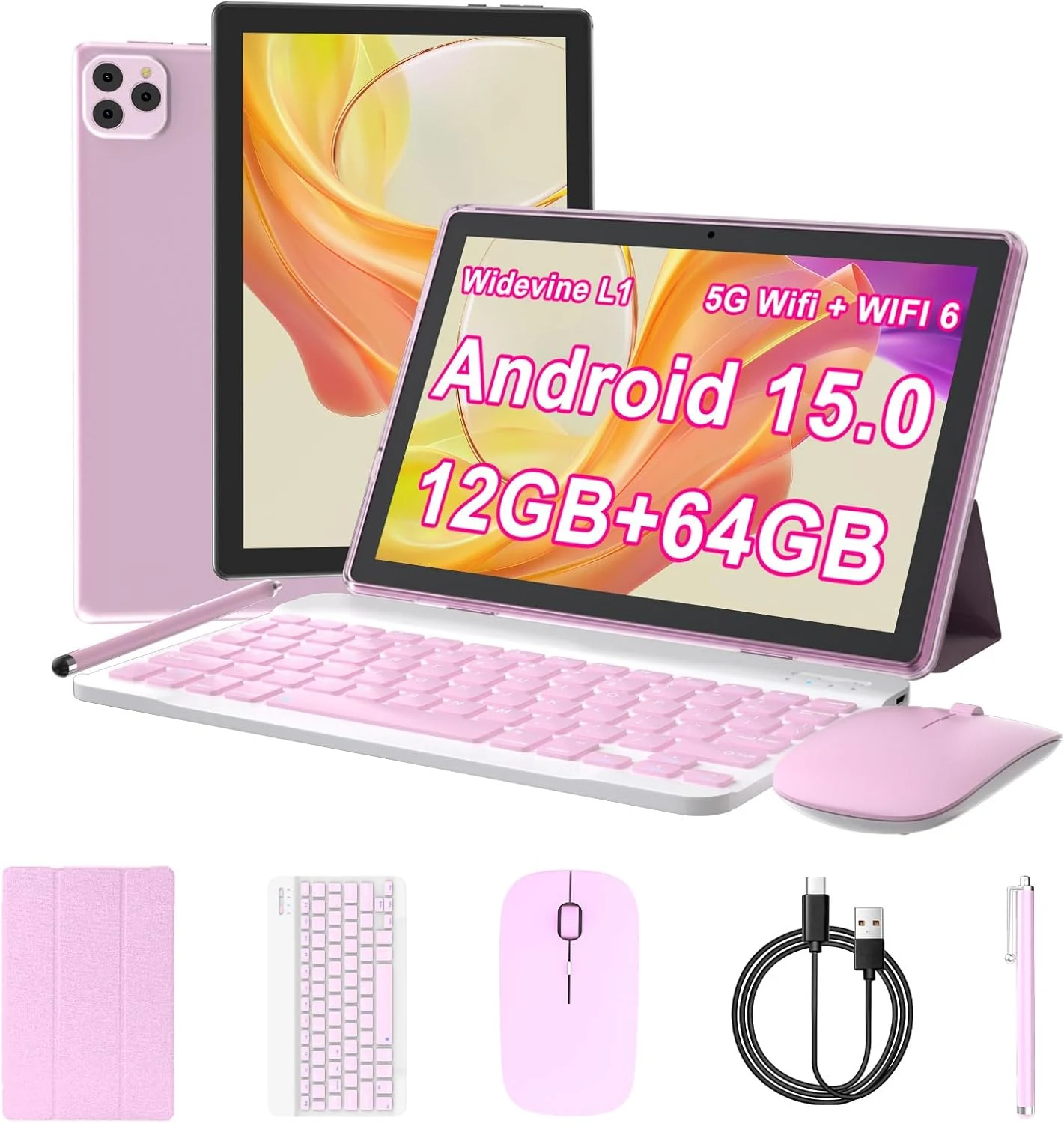 DIGITHINK Tablet Andriod 15 10 Inch 12 (3+9) GB RAM 64GB ROM 1TB Expand,1280 x 800 IPS Screen 5G WiFi 6 BT5.0 Dual Camera,2 in 1 Tablets with Keyboard Case Mouse Stylus 6000mAh Battery (Pink)