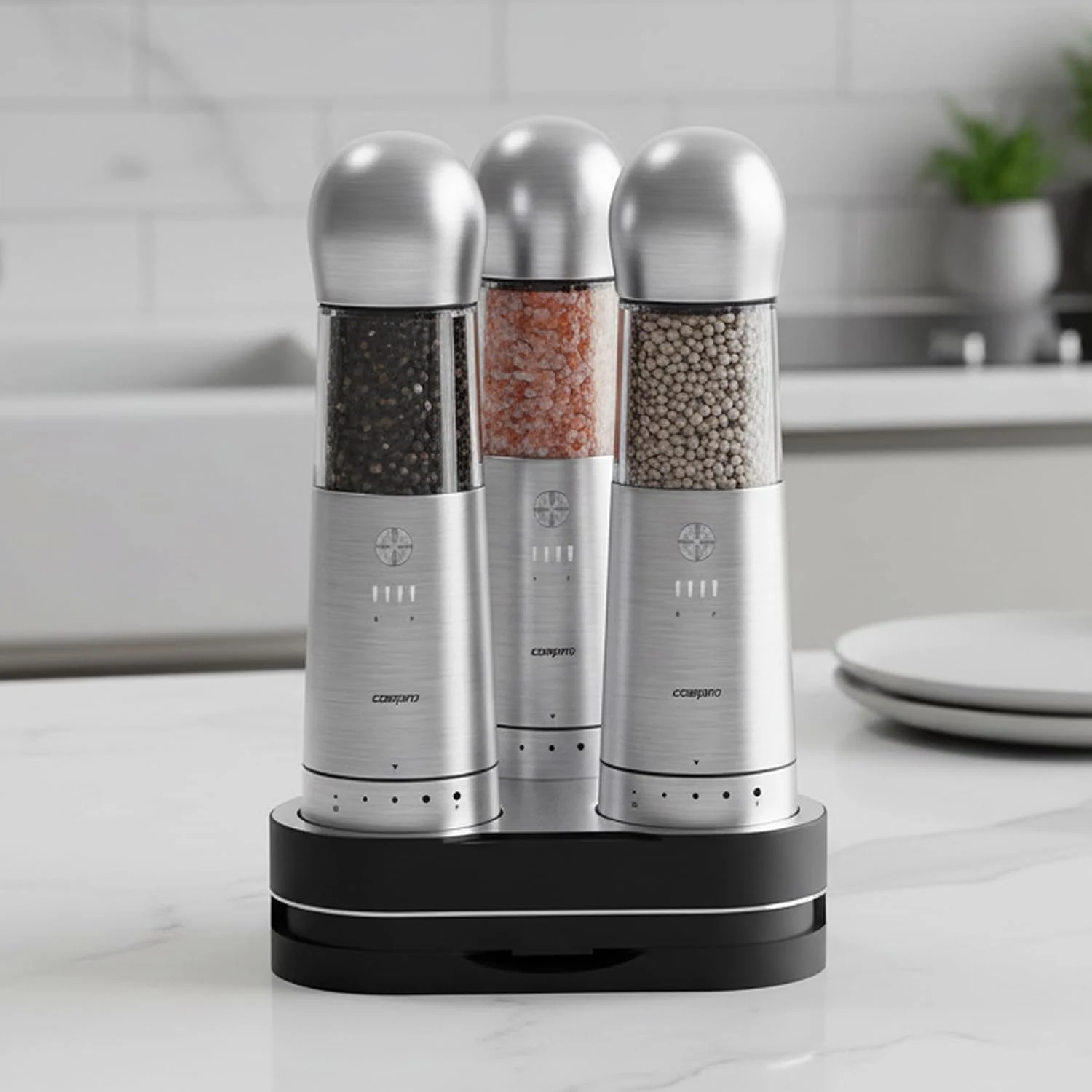 ICE ARMOR Electric Salt and Pepper Grinder, Set of 3 with Wireless Charging Base