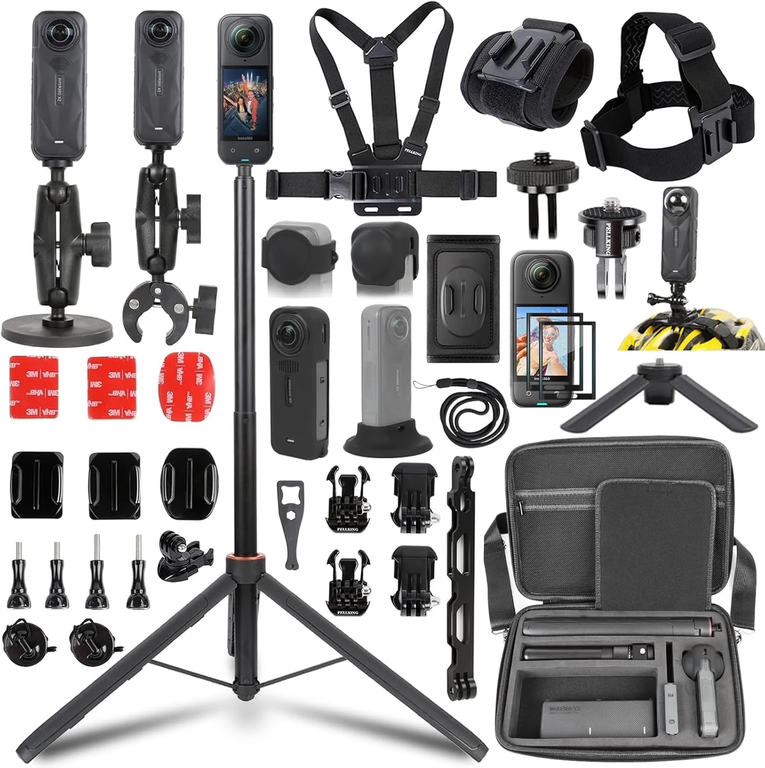 PellKing Accessories Kit for Insta360 X5,Included Carrying Case with Belt,135cm Selfie Stick Tripod,Aluminium Handlebar Clamp