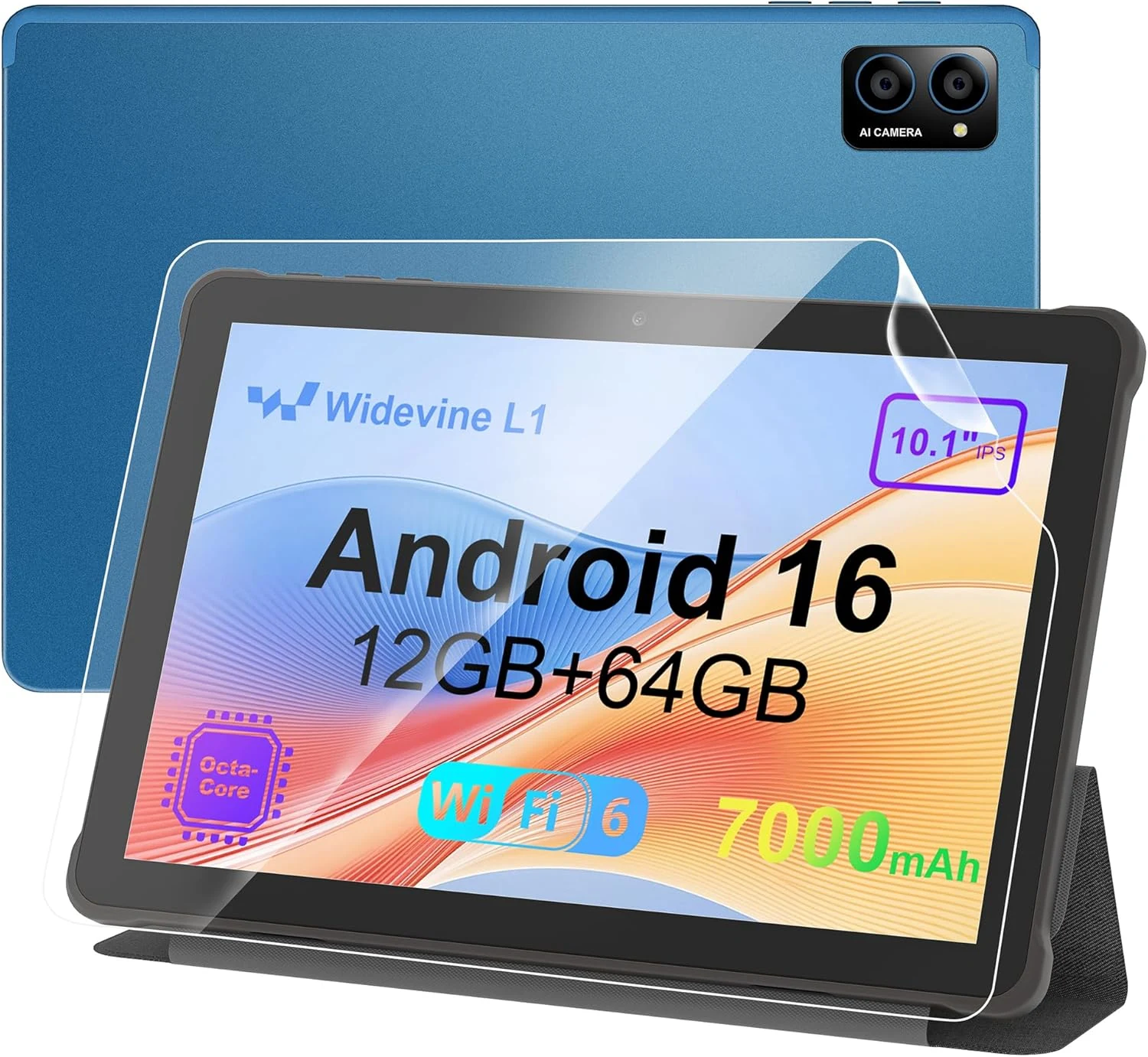 10 inch Android 16 Tablet: 12GB RAM 64GB, Octa-Core T606, 7000mAh with Stand Case, IPS HD Display, Wi-Fi 6, OTG, Metal Body