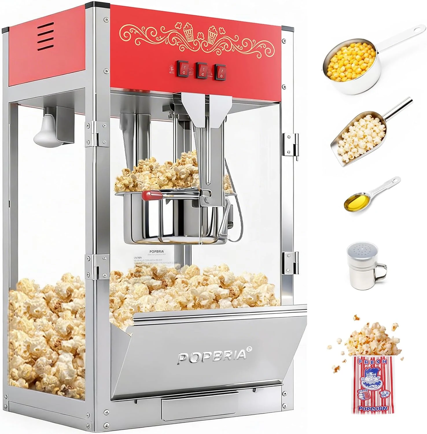 PopBria Commercial Popcorn Machine (16oz kettle, 1600W)