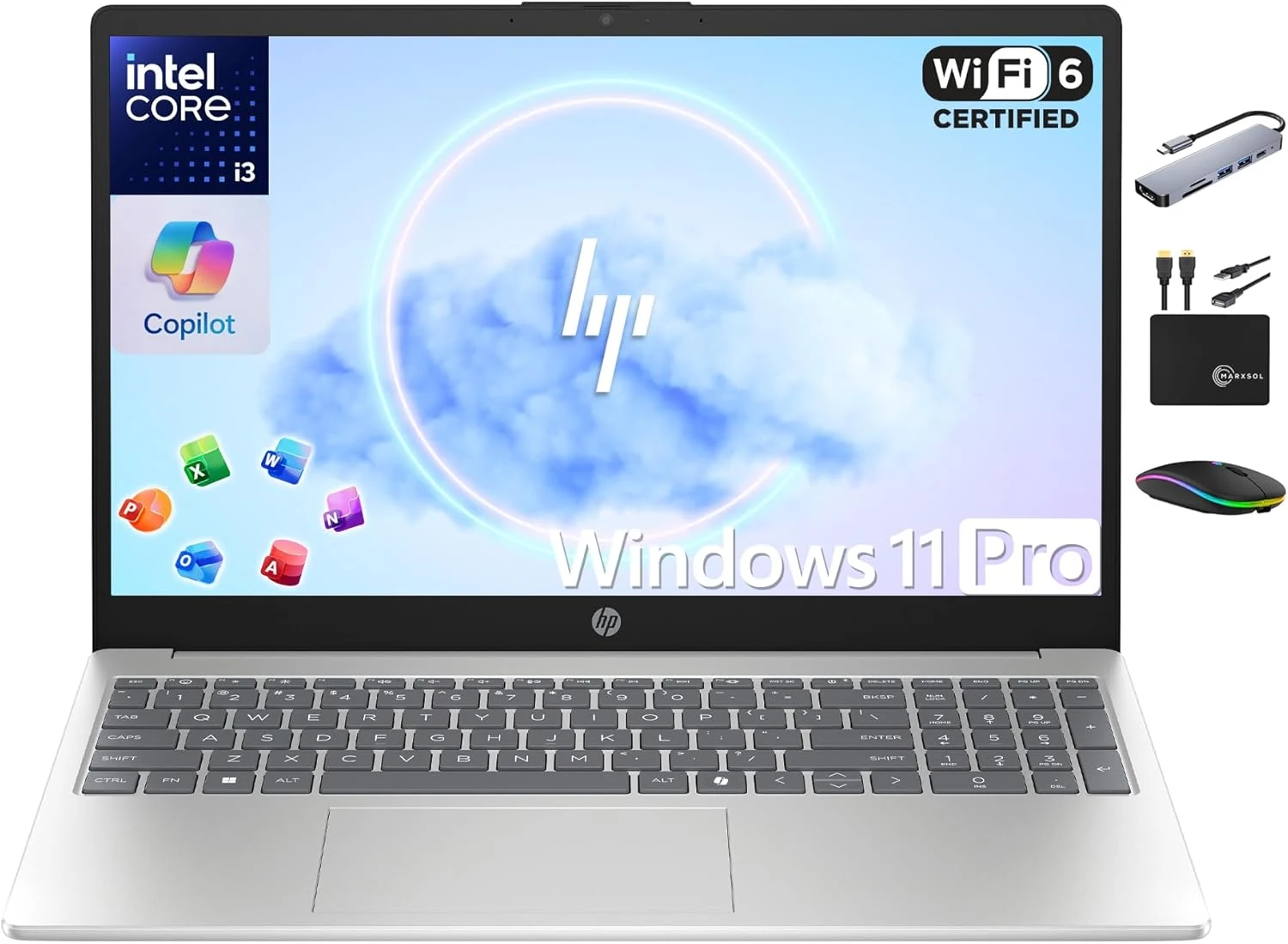 HP 15.6” Laptop Computer 2025-2026 Edition Student Business, Lifetime MS Office, 8-Core Intel i3 CPU, 16GB RAM, 628GB Storage (128GB UFS+500GB Ext), Wi-Fi 6, Long Battery, MarxsolAccessory, Win 11 Pro