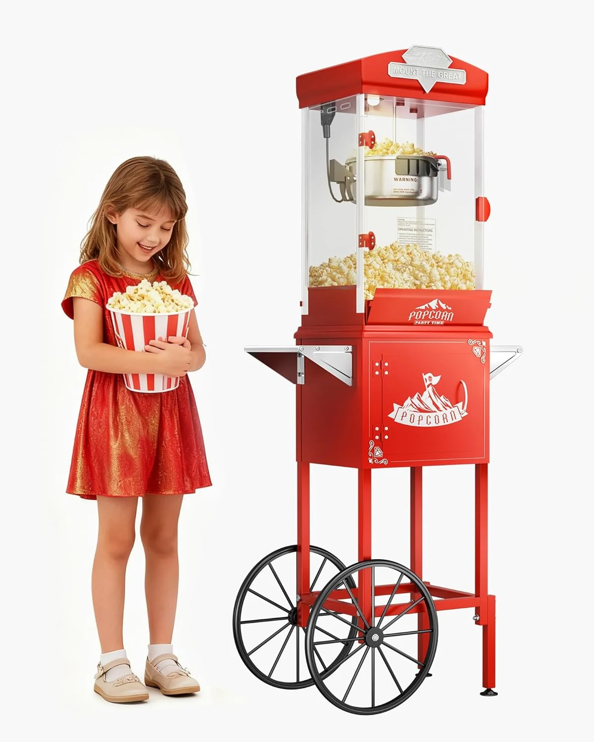 10 oz Popcorn Machine Cart, Popcorn Maker Machine with Wheel & Stainless-Steel Kettle (Red)