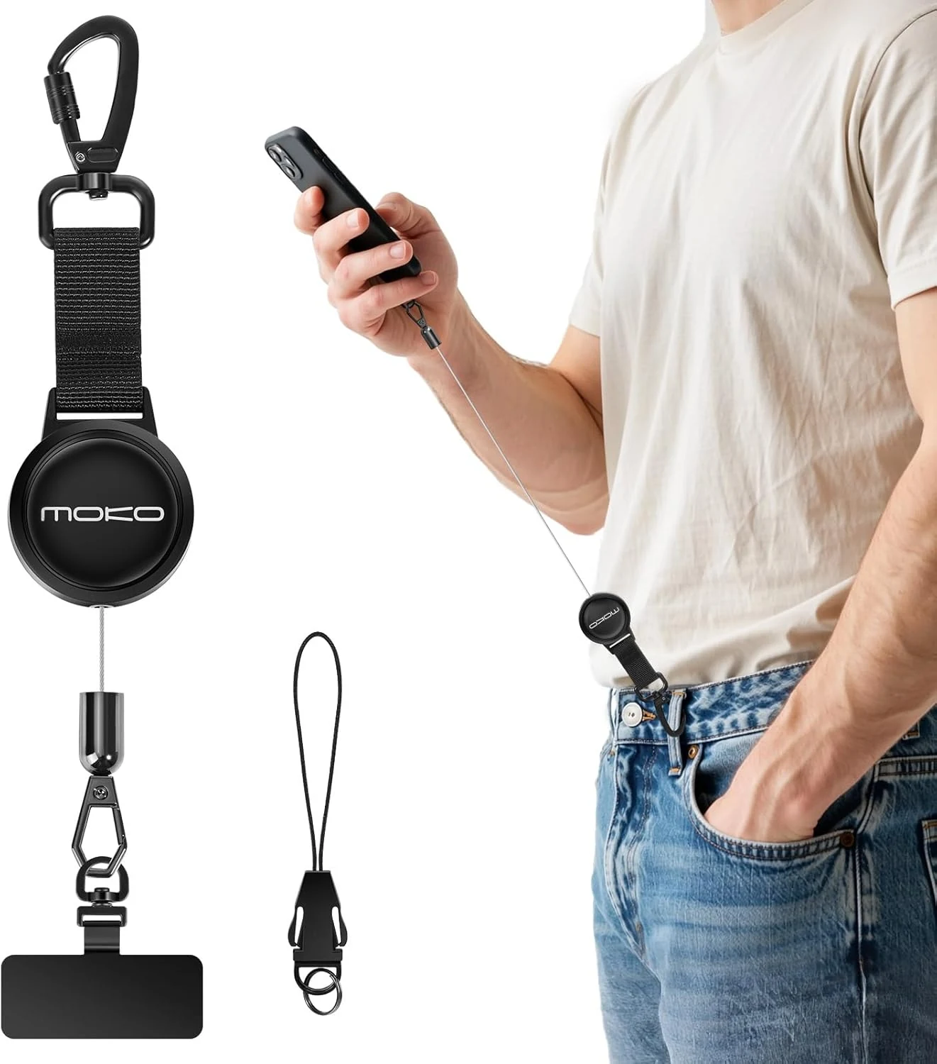 MoKo Anti-theft Phone Tether, Phone Lanyard Retractable Steel Line Cellphone Strap with Locking Carabiner and Metal 360° Tether Tab
