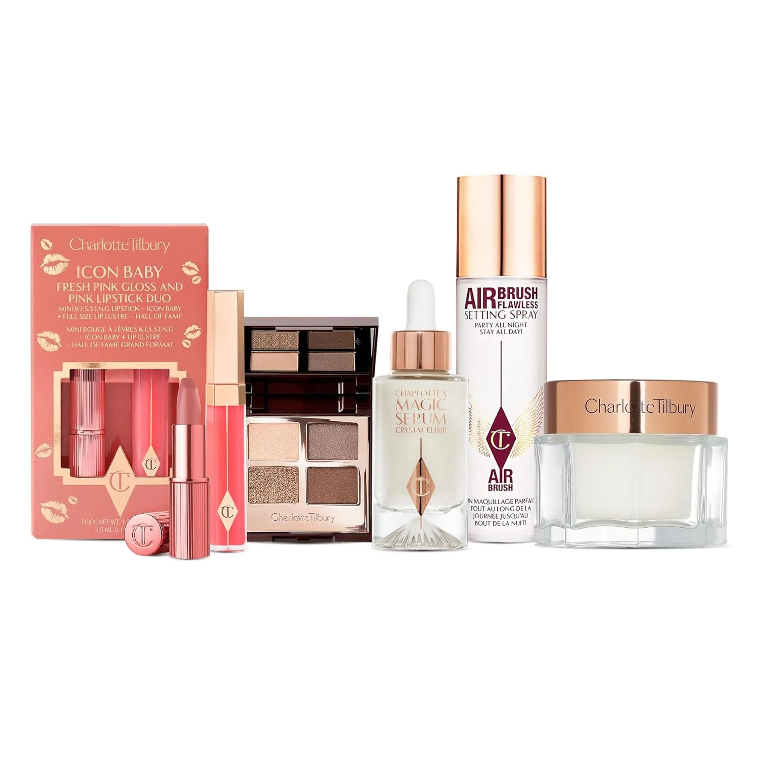 Charlotte Tilbury Holiday Beauty Set - Airbrush Flawless Setting Spray 100ml, Charlotte's Magic Cream 30ml, Magic Serum 8ml, Golden Goddess Eyeshadow Palette & Icon Baby Lip Duo