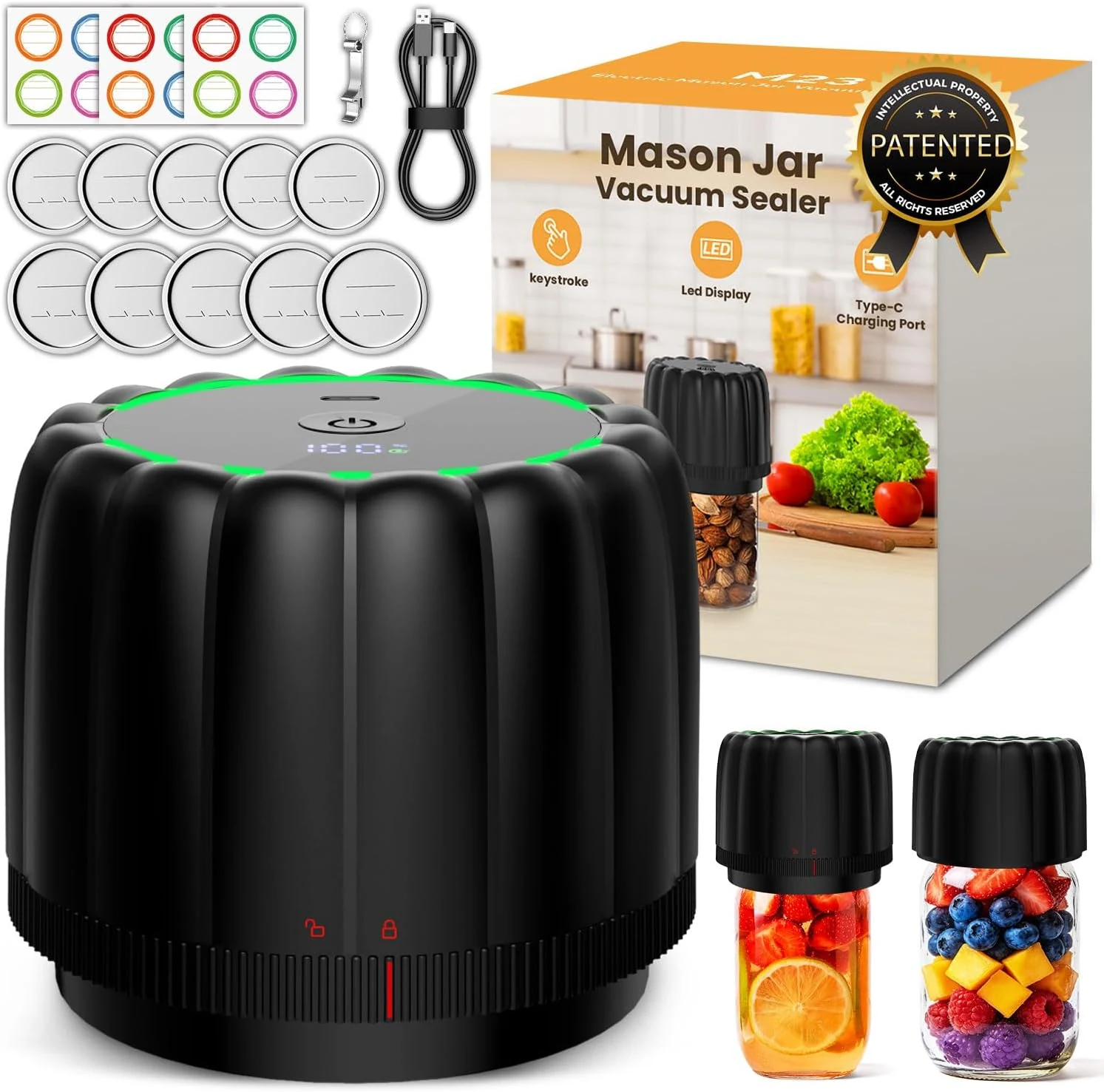 2026 Upgraded Electric Mason Jar Vacuum Sealer Kit with Wide and Regular Mouth Mason Lids -80kpa Automatic Vacuum Pump 2500mAh Battery One Touch Canning Sealing Machine for Food Storage Black