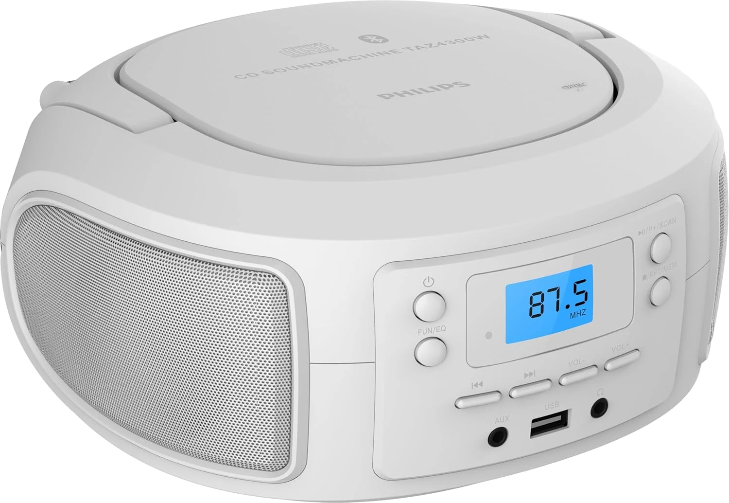 Philips CD Player Portable with Bluetooth, Crystal Clear Sound Top Loading CD Boombox with FM Radio, USB Port & Aux Input (White)