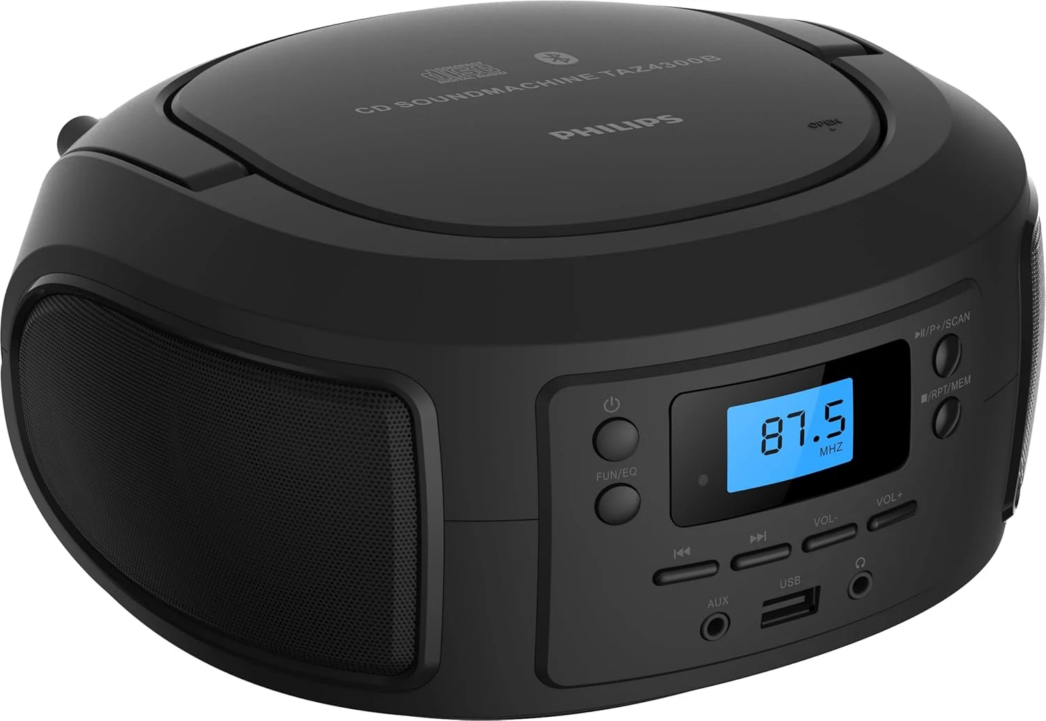 Philips CD Player Portable with Bluetooth, Crystal Clear Sound Top Loading CD Boombox with FM Radio, USB Port & Aux Input (Black)