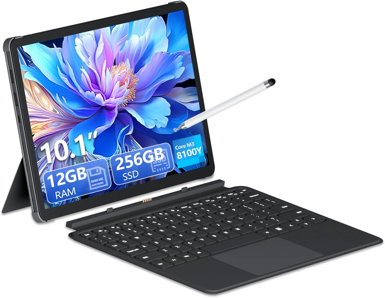 10.1" 2 in 1 Tablet/Laptop Computer (12GB RAM + 256GB SSD) with Touchscreen, Stylus, and Keyboard