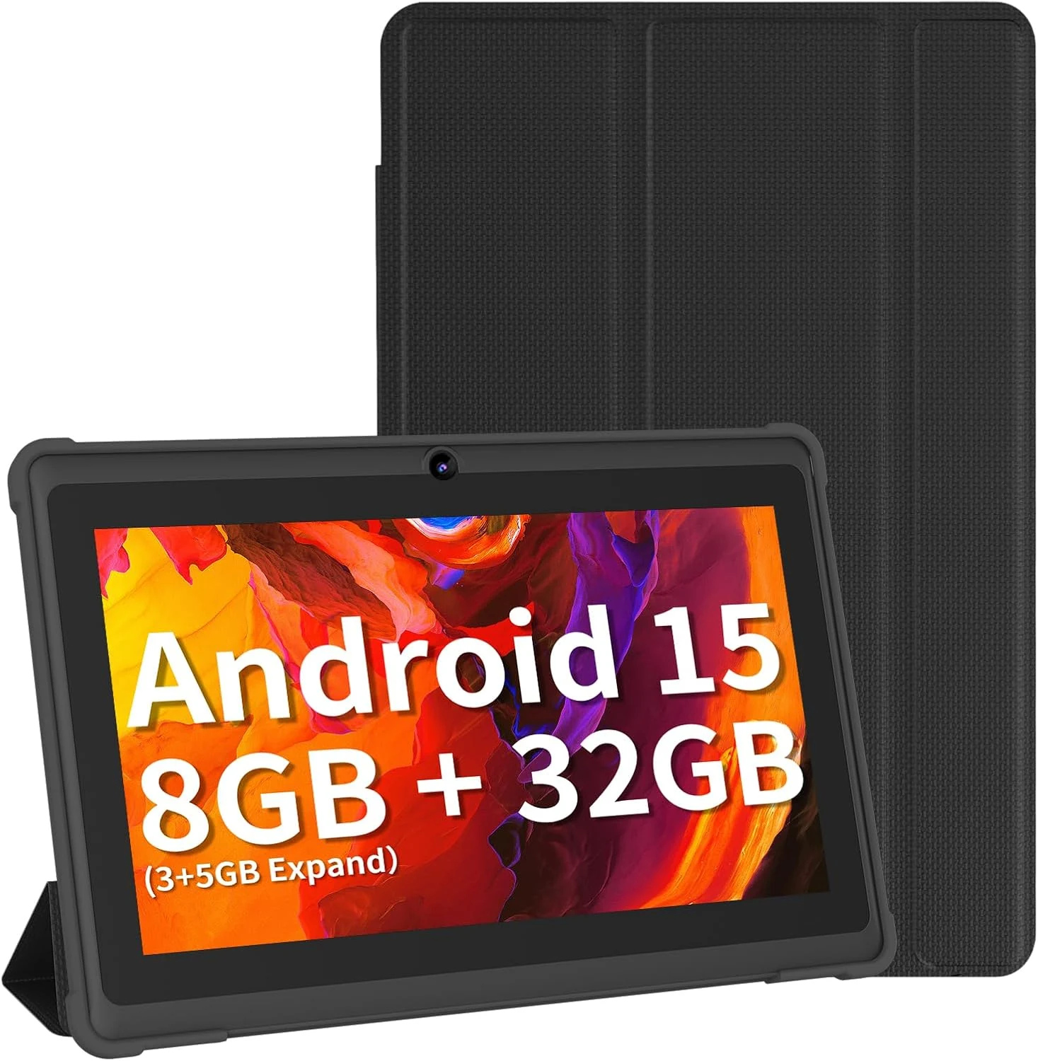 7 Inch Tablet with Case, Five Core Android 15 Tablets, 8GB RAM 32GB ROM 512GB Expand, 1024x600 IPS HD Display, 3500mAh,Dual Camera, USB C Tablet PC (Black)