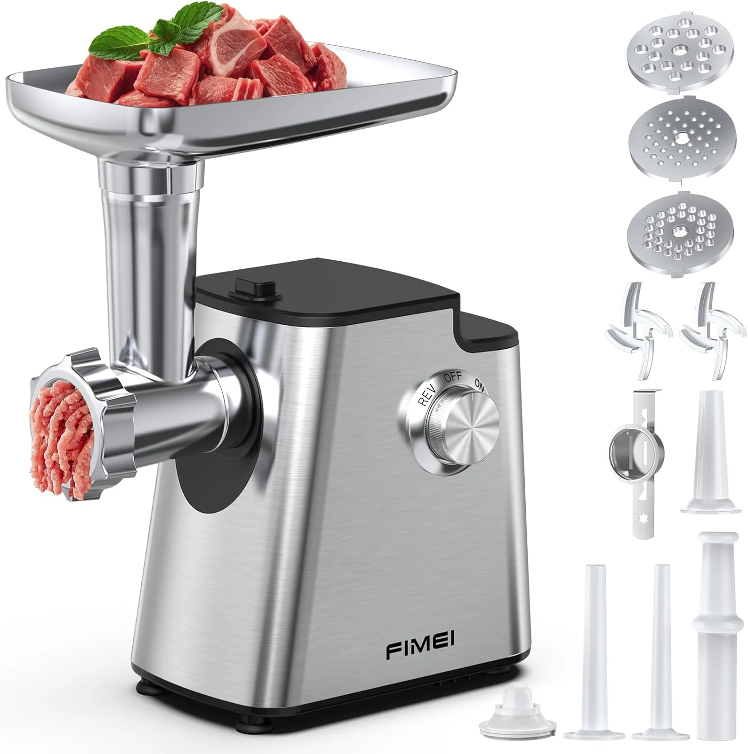 FIMEI Meat Grinder, Stainless Steel Food Processor & Sausage Stuffer, 4-in-1 Heavy Duty Meat Mincer with 2 Blades, 3 Plates, Kibbe Kit And Cookie Maker, for Home Kitchen & Ground Beef
