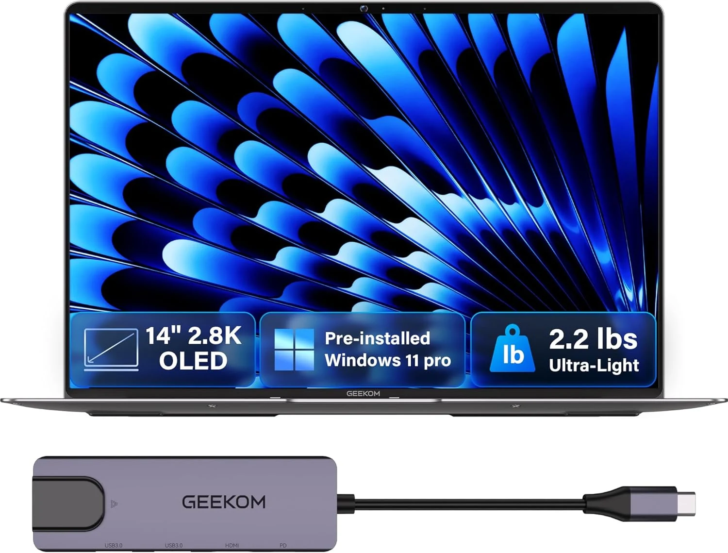 GEEKOM GeekBook X14 Pro Laptop, 2.2lbs Ultra Thin 14" 2.8K OLED Laptop Computer, Ultra 9 185H, 32GB LPDDR5x 7500MHz RAM 1TB SSD, Up to 16 Hour, 2X USB4, Fingerprint, Hub, Copilot, Windows 11 Pro