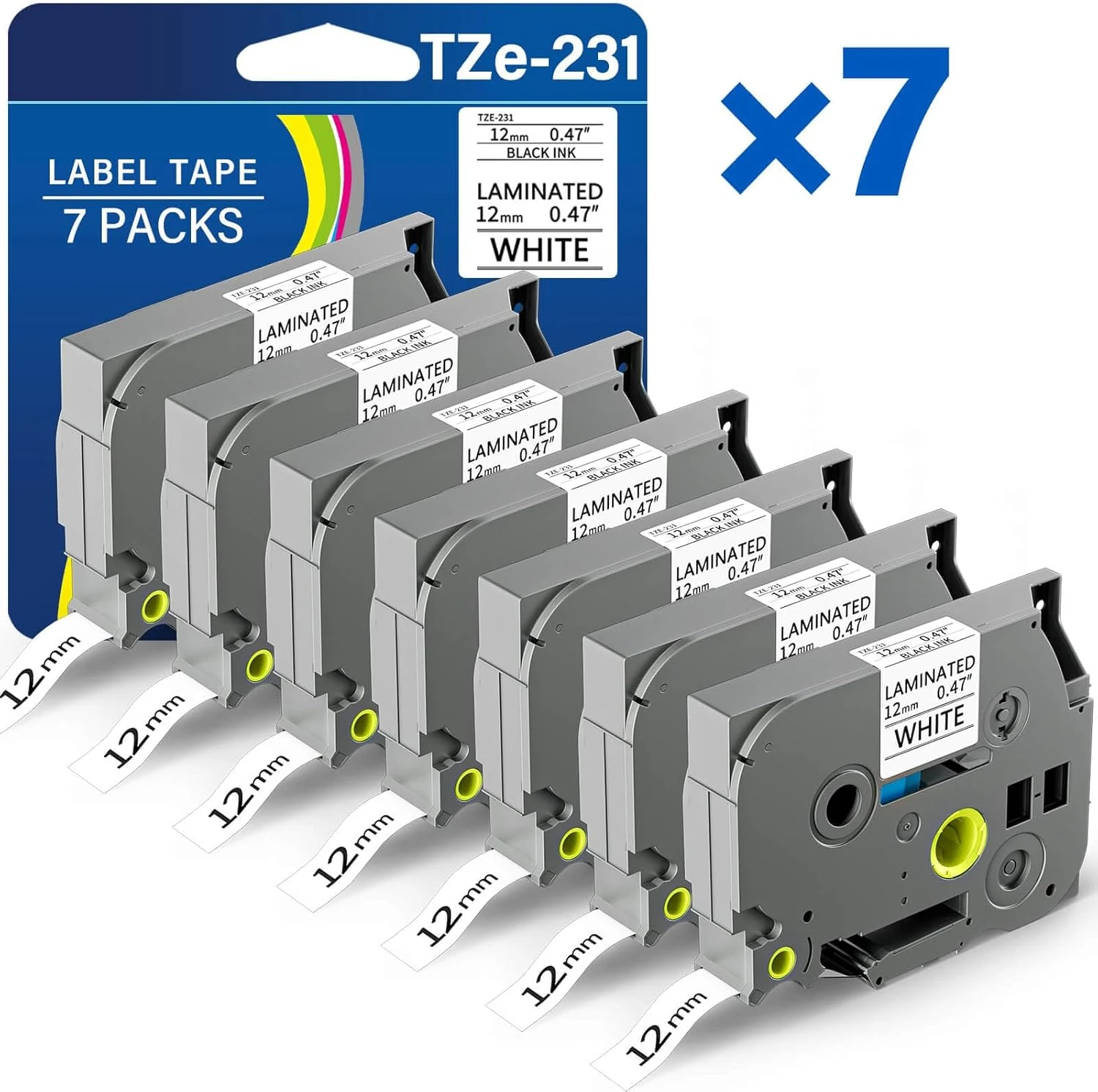 TZE-231 Label Maker Tape 12mm 0.47 Laminated Black on White (7 Pack)