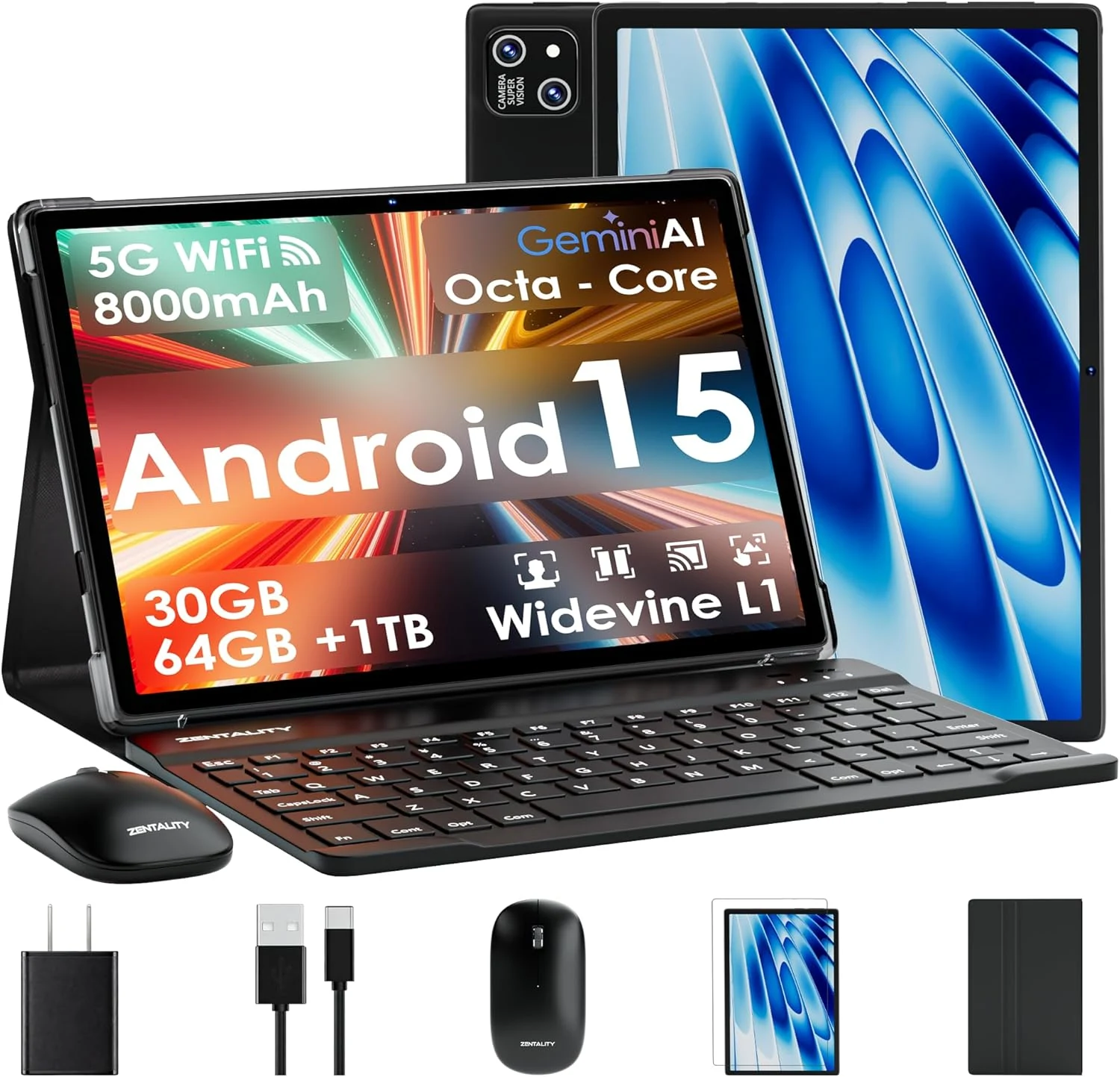 ZENTALITY 2026 Tablet 10 inch Android 15 Tablet with Keyboard 30GB RAM + 64GB ROM (Expand 1TB) IPS Display Octa-Core Processor 8000mAh WiFi BT 5.0 w/ Gemini AI