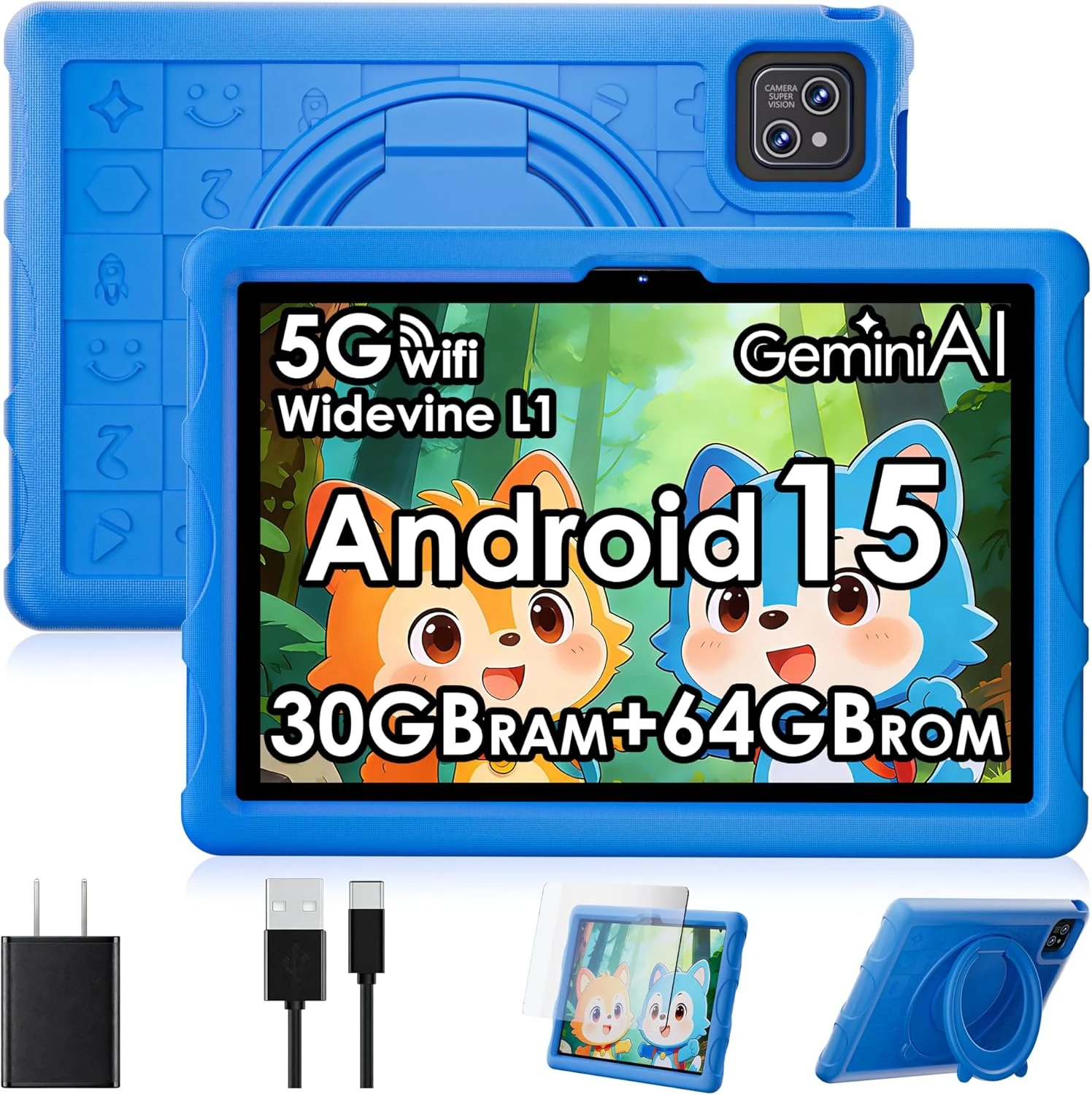 2026 Android 15 Tablet (10.1 inch) with Drop-proof Case, 30GB RAM + 64GB Storage, 8000mAh Battery, WiFi 6