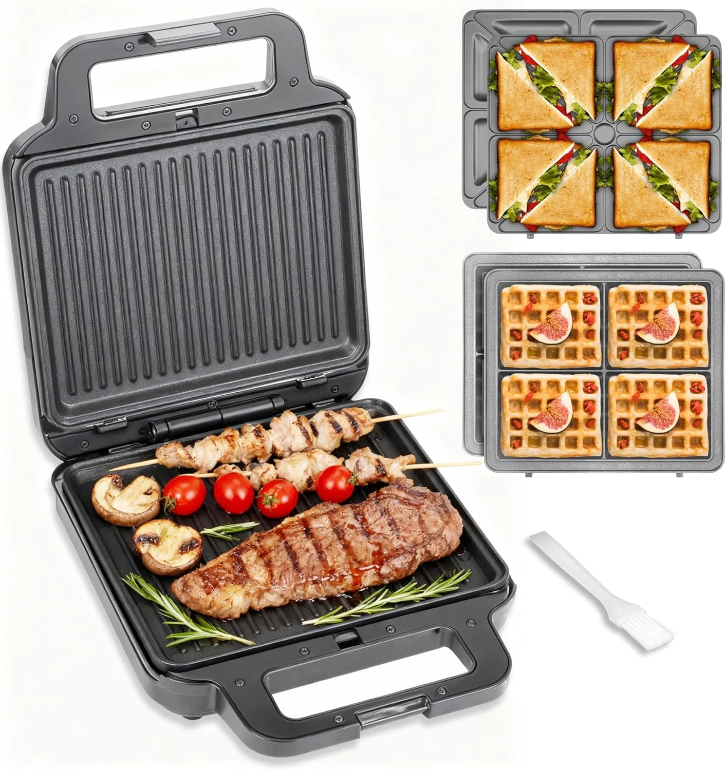 FineMade 3 in 1 Panini Grill Press with 3 Removable Plates