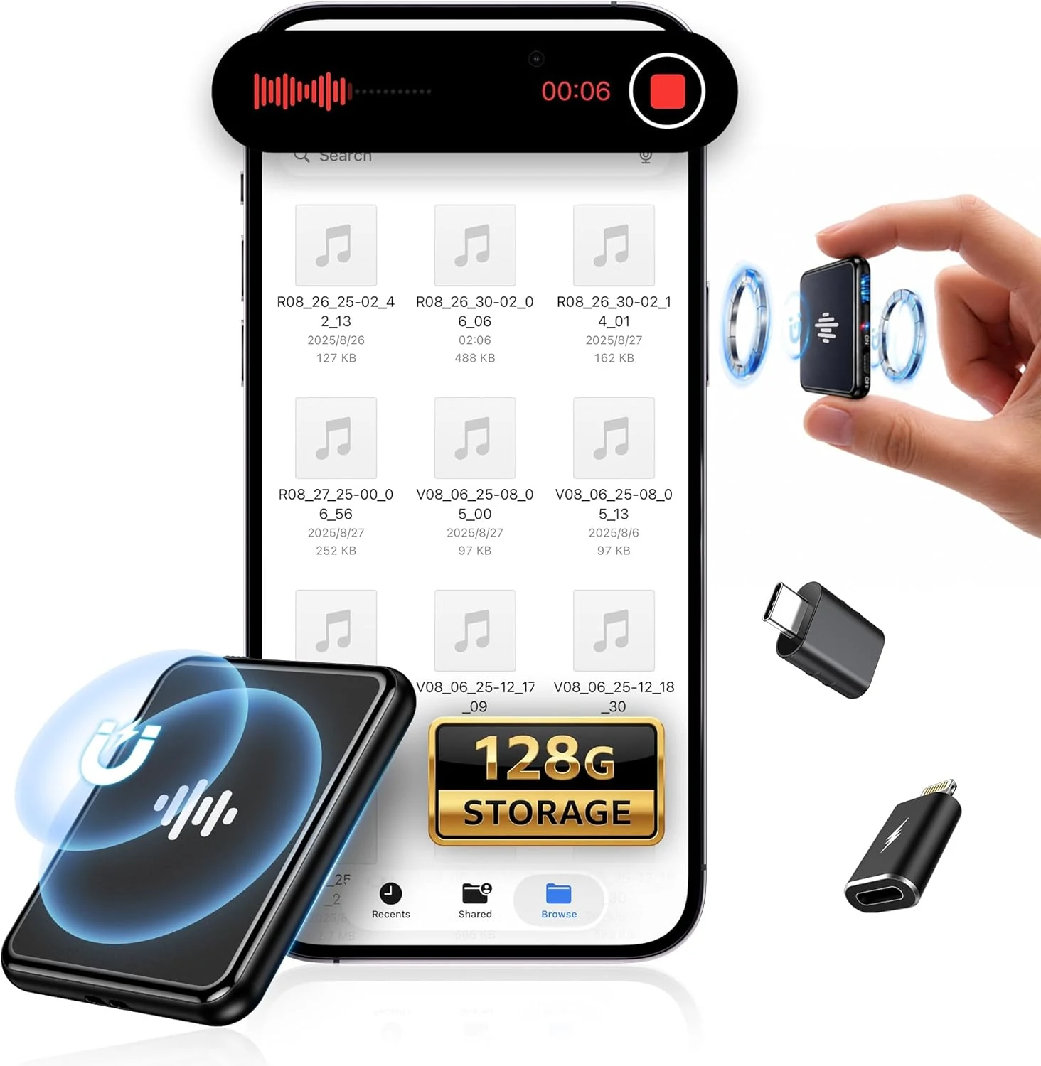 128G (9800 Hour) Voice Activated Recorder, Double-Sided Magnetic Audio Recorder with Playback, MP3 Form Voice Recorder with AI Noise Reduction, USB-C Listening Devices, 70H Continuous for Lectures