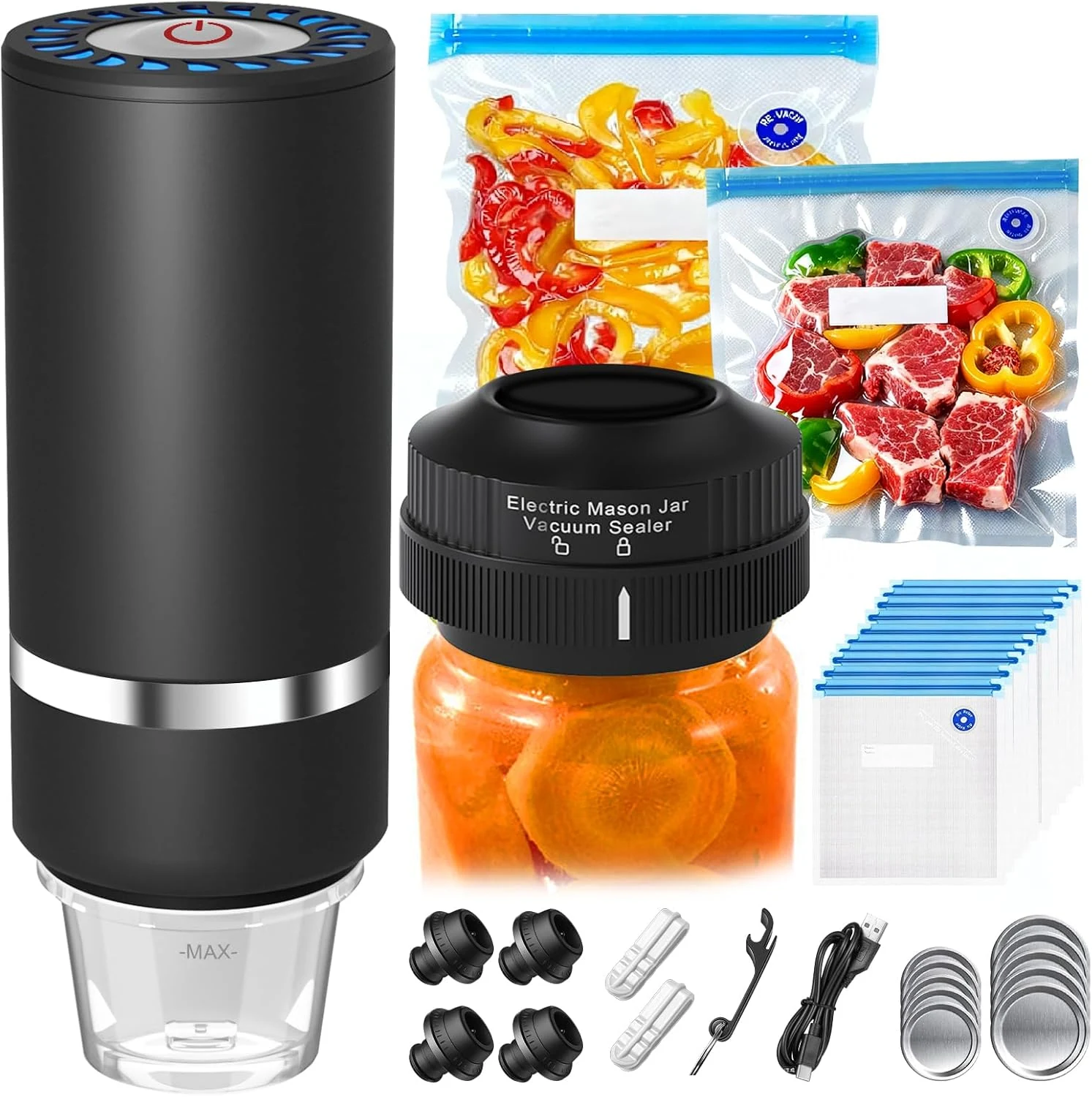 Handheld Vacuum Sealer for Food,Mason Jar Vacuum Sealer + 4Wine Vacuum Stopper +10 Reusable Vacuum Bags (Theravolante)