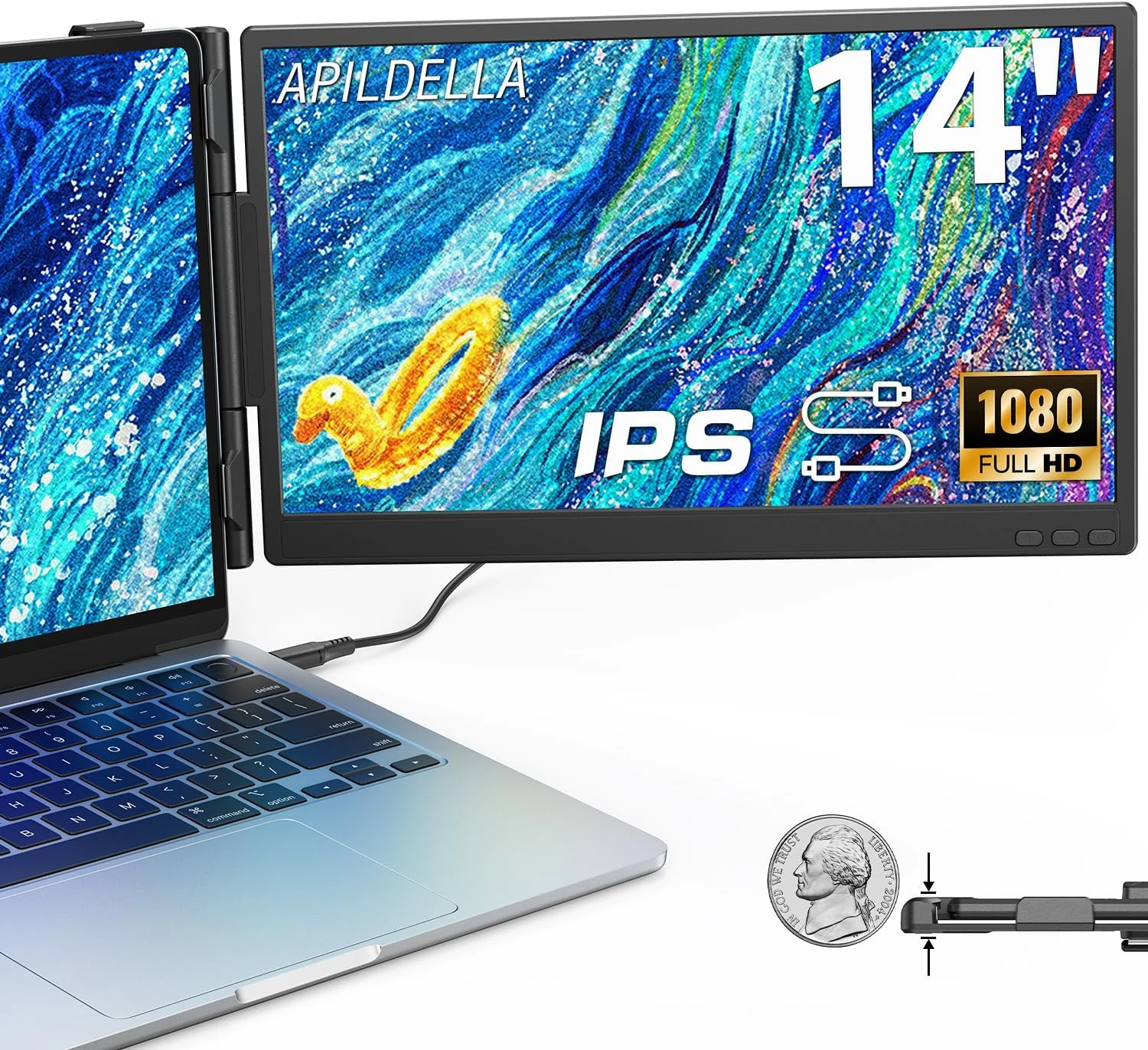 APILDELLA 14'' Dual Laptop Screen Extender, 1080P FHD Laptop Extended Monitor Portable with Speaker, Plug-Play Second Monitor for 13-16'' Laptops