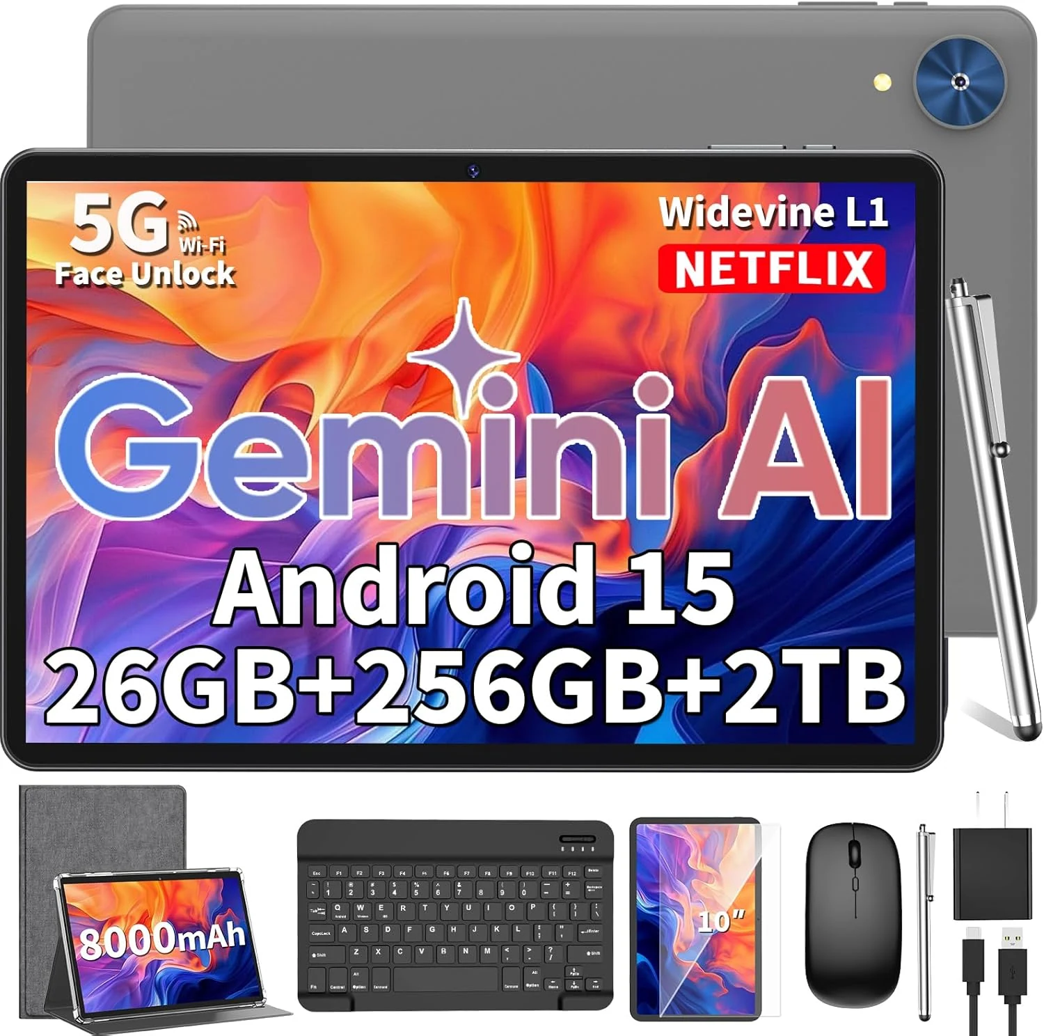 Relndoo 2026 Android 15 Tablet (10-inch) with Keyboard, 5G WiFi, 24GB RAM + 256GB + 2TB