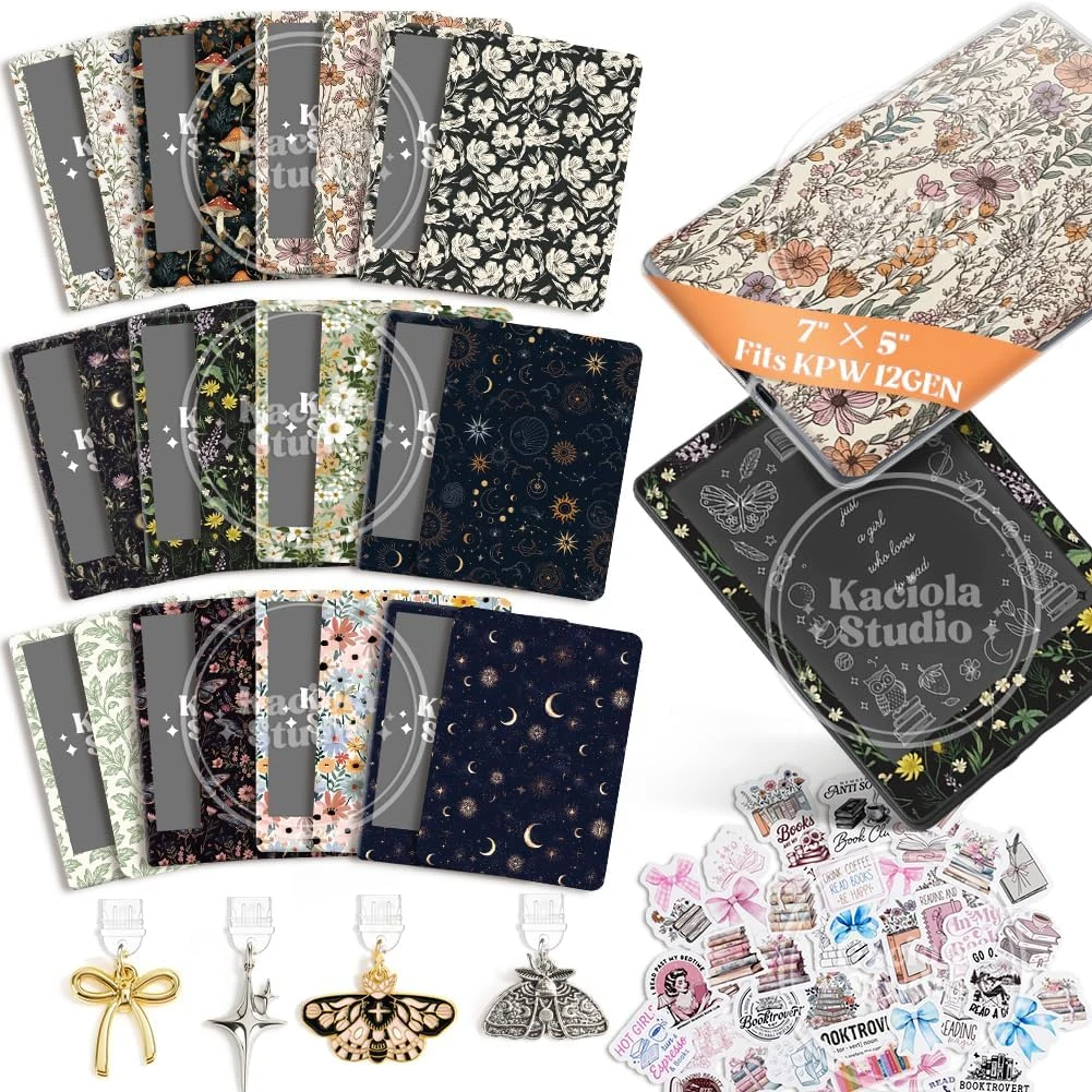 KACIOLA STUDIO 24PCS Vintage Floral Skin for E-Reader, and 4PCS Type C Charms for E-Reader with Scrapbook Stickers, 7"x5" Skin Front and Back Decal Inserts for Paper White 12th (Vintage Floral)