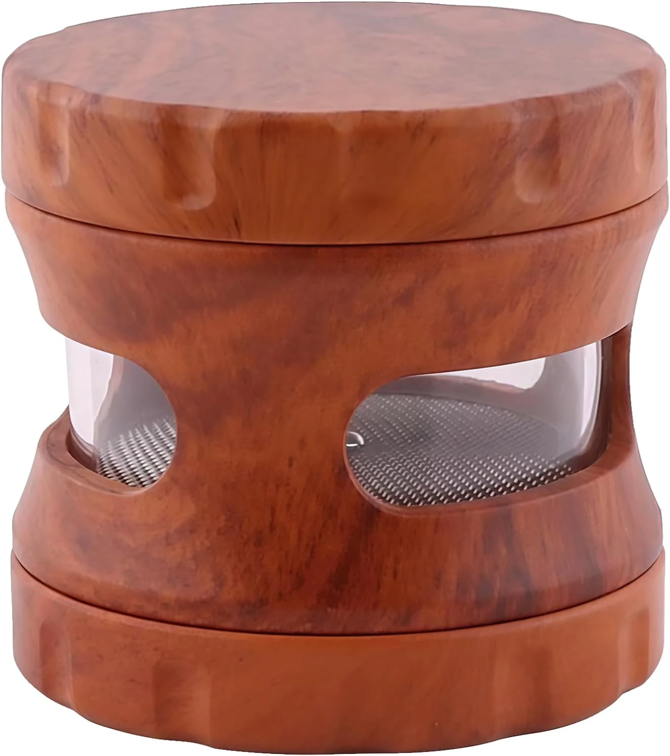 4-Piece Spice Grinder with Magnetic Lid, Resin Wood Grain Grinder with Integrated Screen & Transparent Storage Chamber (reddish brown)