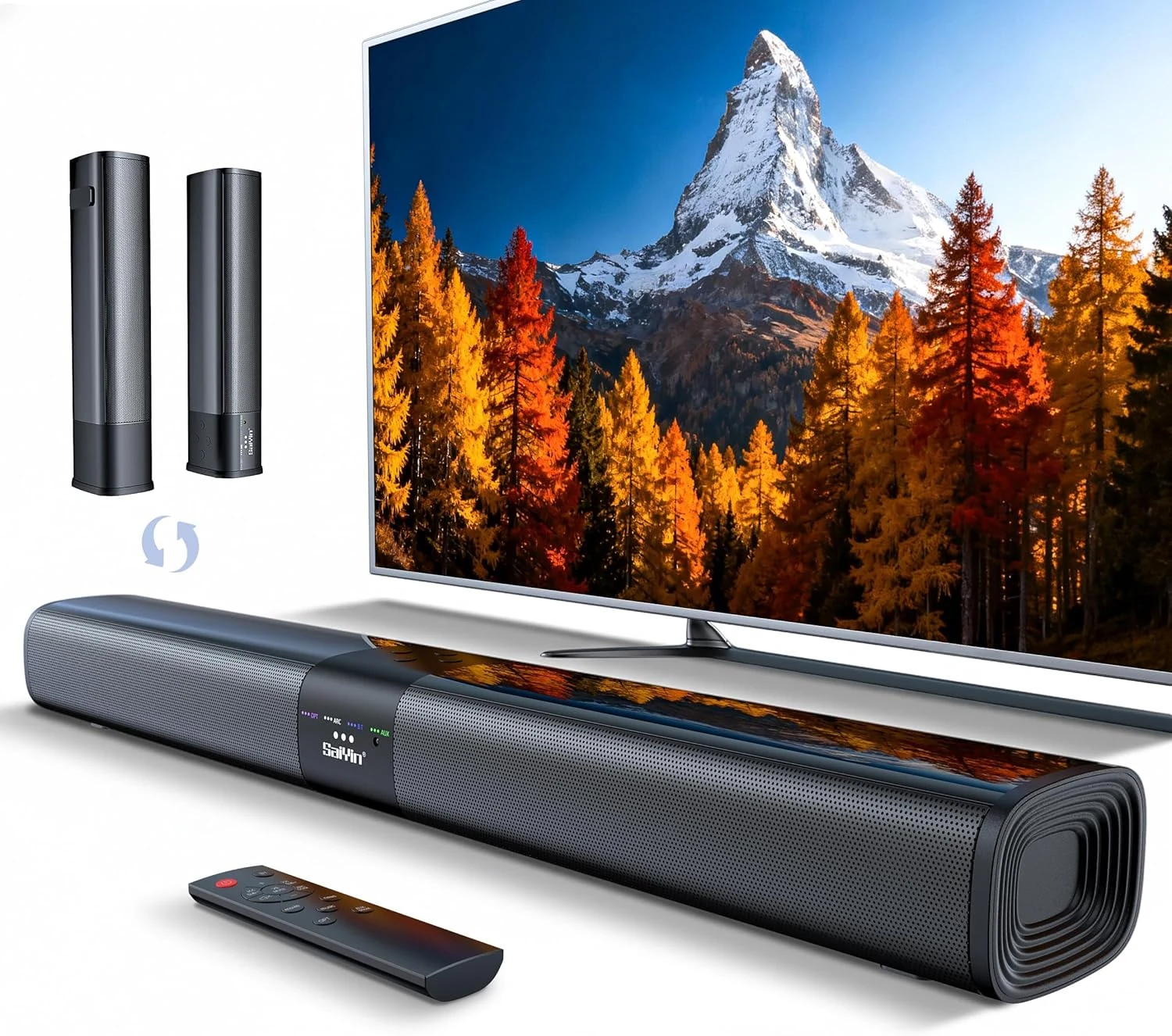 Saiyin Sound Bar for Smart TV, Detachable Soundbar TV Speaker with Bluetooth/ARC/Optical/AUX Input, Super Diaphragm Driver and 3 Preset Sound Effects for TV/PC/Projector