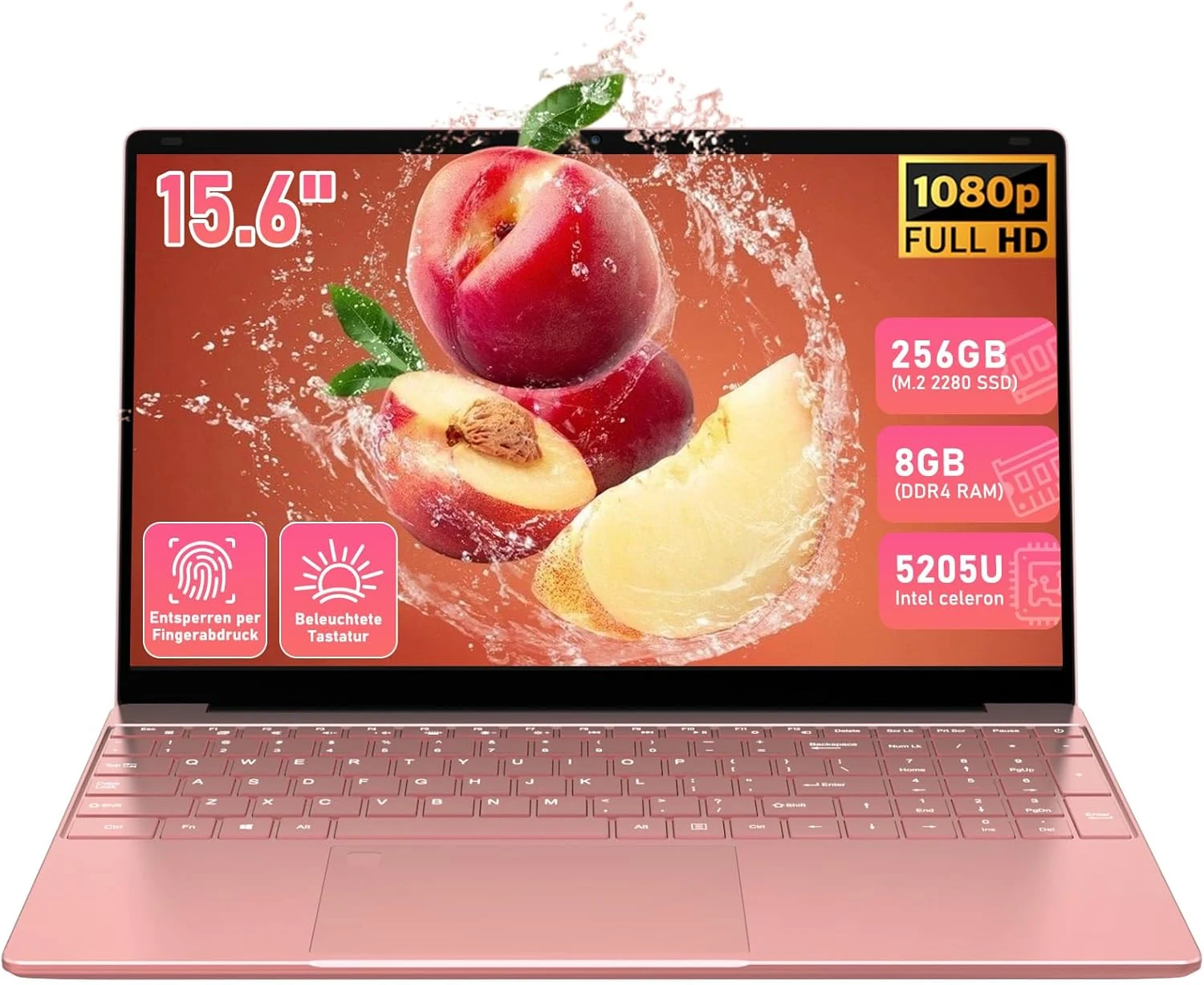 15.6" Laptop Rose Gold, 8GB RAM 256GB SSD, Backlit Keyboard, Fingerprint Reader, FHD 1080P IPS Display, Thin Lightweight Computer for Student Business School Office Work, Pink