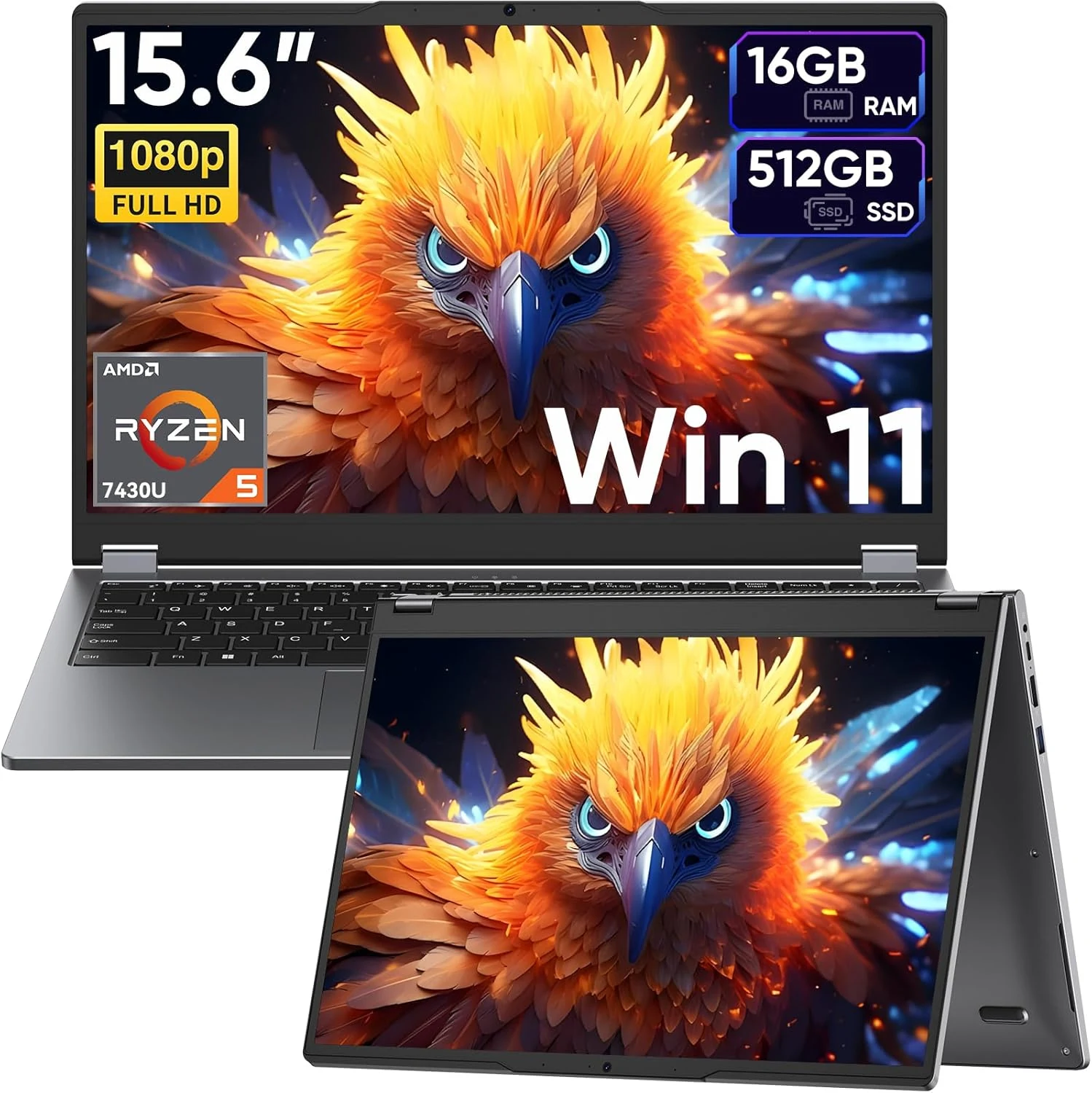 15.6" 2-in-1 Laptop/Tablet with 120Hz Incell Touchscreen, AMD Ryzen 5 7430U (6-Core up to 4.0GHz), 16GB RAM, 512GB SSD