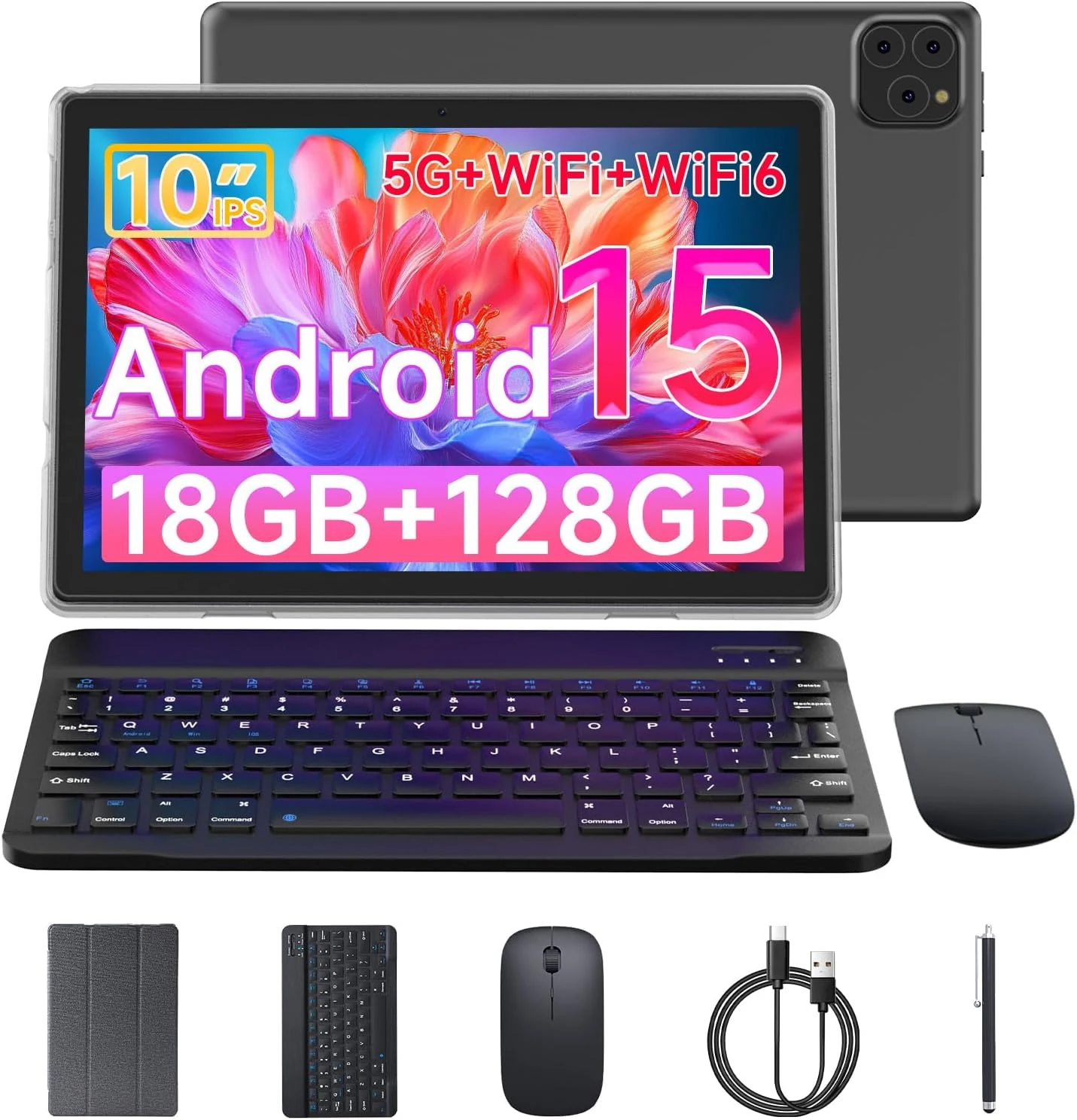 Tablet Android 15 10 Inch 18GB RAM+128GB ROM/ 2TB Expandable (with Keyboard, Mouse, Stylus)
