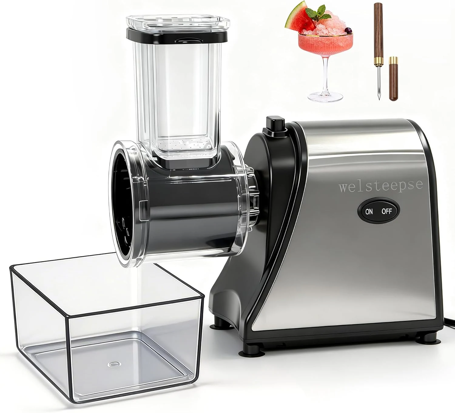 Snow Cone Machine & Shaved Ice Machine, Crushed Ice Maker in Stainless Steel Metal Design with Ice Pick & Tray – Powerful Motor, Sharp Blades, Fast Ice Shaving for Home, Parties
