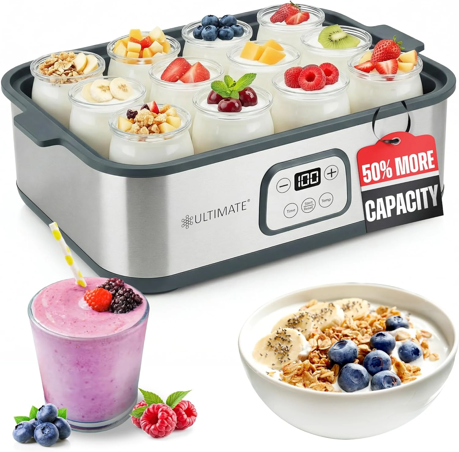 Ultimate Probiotic Yogurt Maker XL, Adjustable Time & Temperature Control, 50% More Capacity with 12 x 6oz Yogurt Jars
