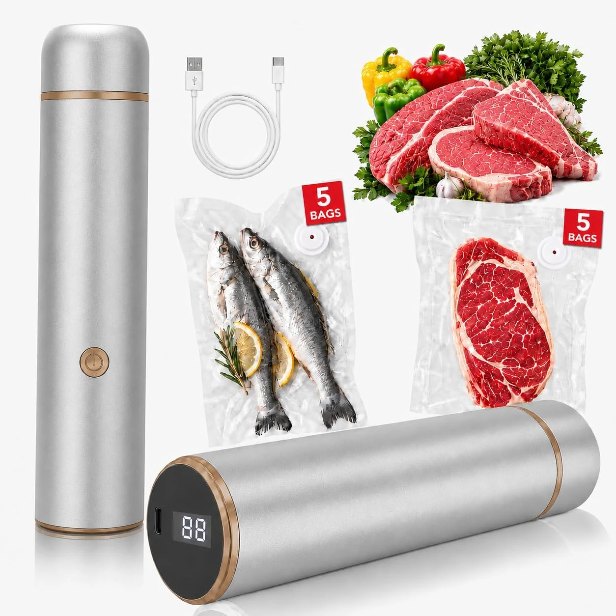 Powerful Handheld Vacuum Sealer – Compact Food Saver Machine with 10 Reusable Bags (Silver)