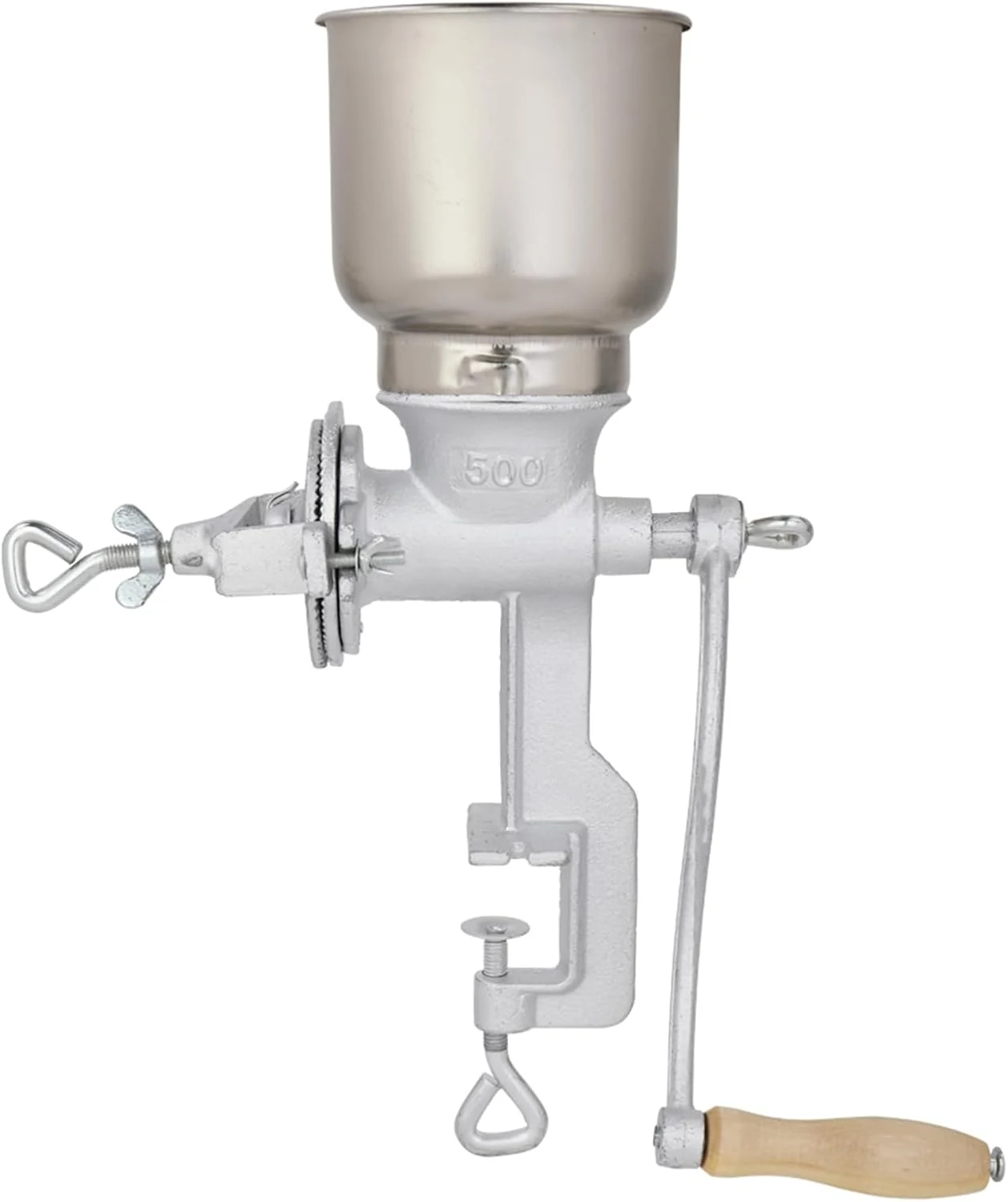 High Hopper Cast Iron Grain Mill - Heavy Duty Manual Grinder for Wheat/Grain/Coffee, Dry & Wet Grinding, Household & Business Use (Silver)