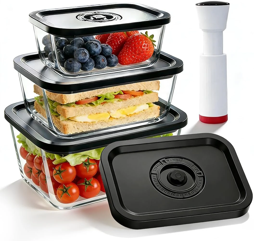 Glass Vacuum Containers for Food Fresh & Save Storage, Made For Compact Vacuum Sealer, 3pcs Mixed Set Small, Medium, Large With Handheld Vacuum Sealer Machine
