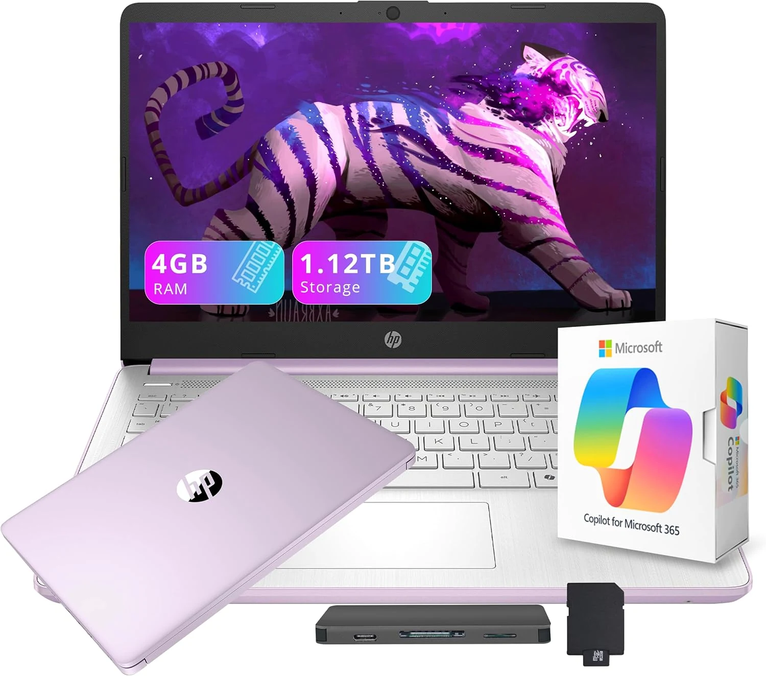 HP Flagship 14" HD Student&Business Laptop with AI Copilot, 13th Gen Intel 4-Core, 4GB RAM, 1.12TB Storage (128GB UFS + 1TB Docking Station), 1 Year Office 365, Wi-Fi 6, Win 11 S, Lavender Purple