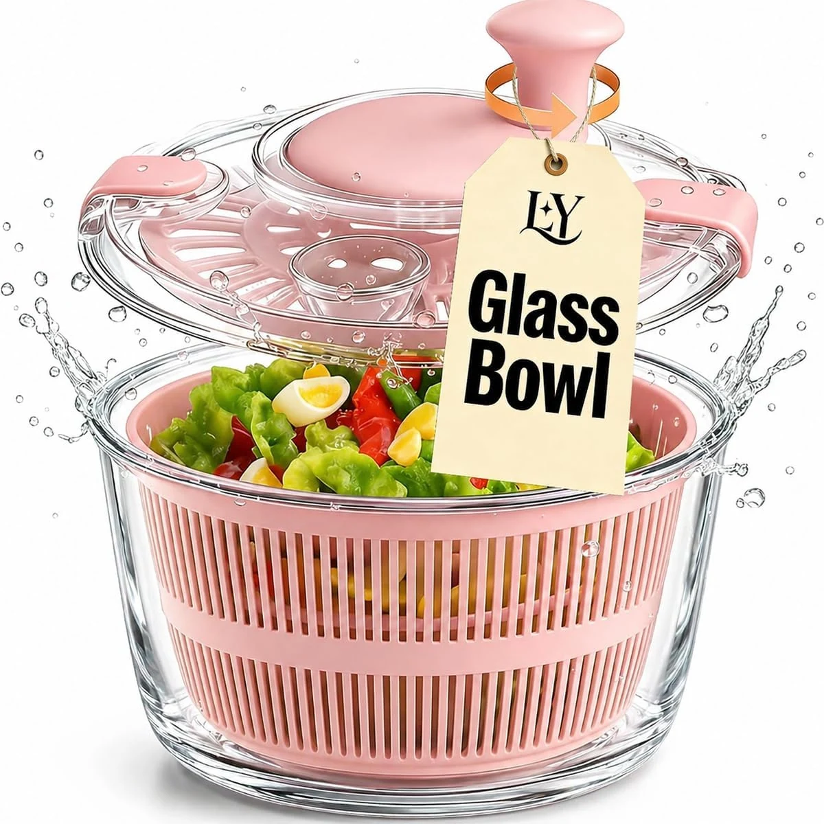 Good Grips Large 5.2 Qt Glass Salad Spinner Vegetable Dryer with Drain Dishwasher Safe with Transparent Lid Crank Handle Quick Spin Greens Washer for Lettuce Herbs Fruits Pink