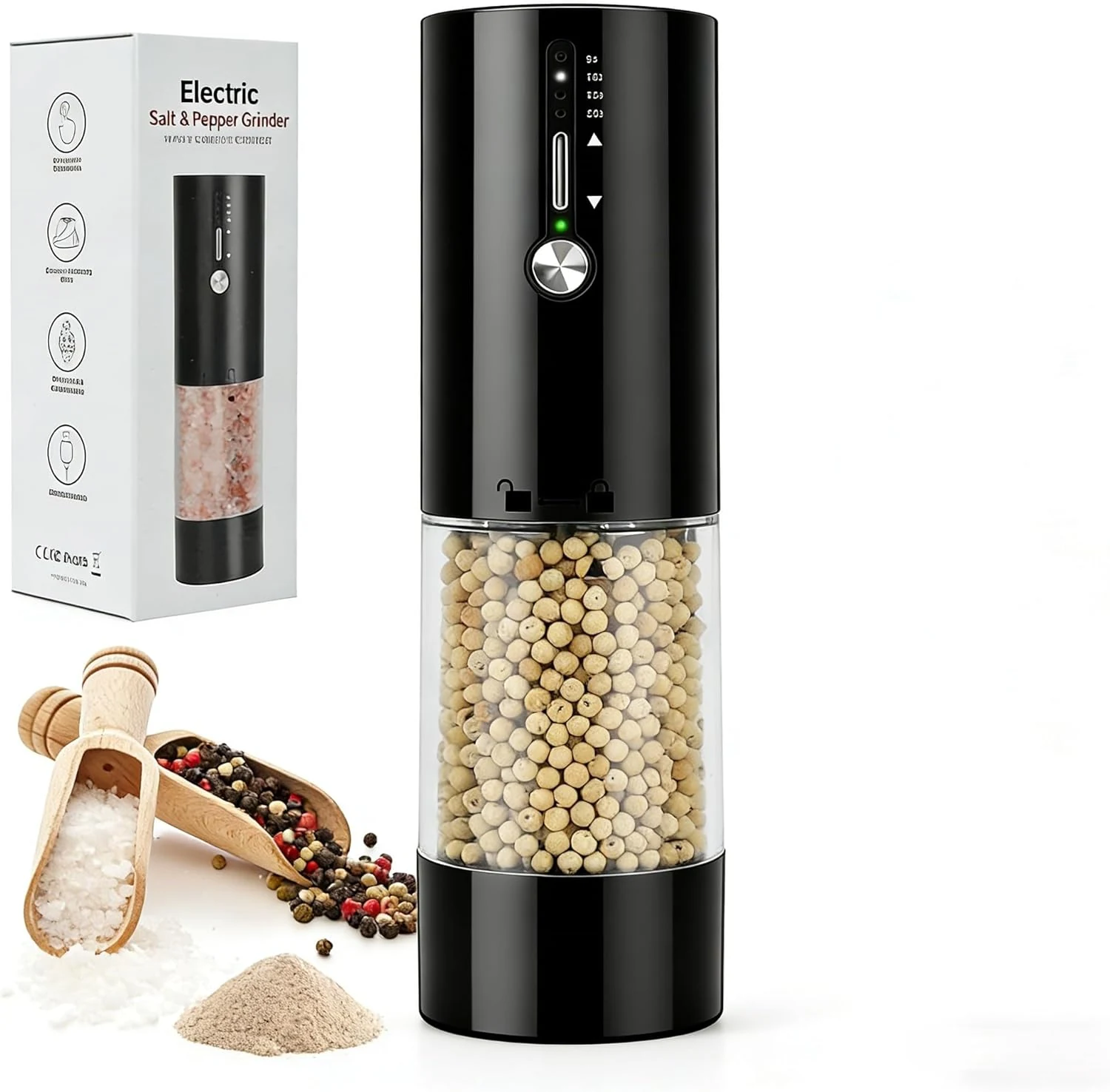 Large Capacity 118ml Electric Grinder with LED Light, USB-C Fast Charging, Adjustable Coarseness, 15 Preset Settings, Pepper Salt Spice Mill, Stylish Kitchen Tool