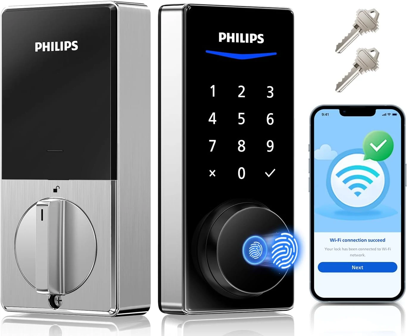 Philips Built-in WiFi Smart Lock, Keyless Entry Door Lock with App, Touchscreen Fingerprint Door Lock, Compatible with Alexa & Google, Splash-Proof, Includes 8 Batteries, Nickel