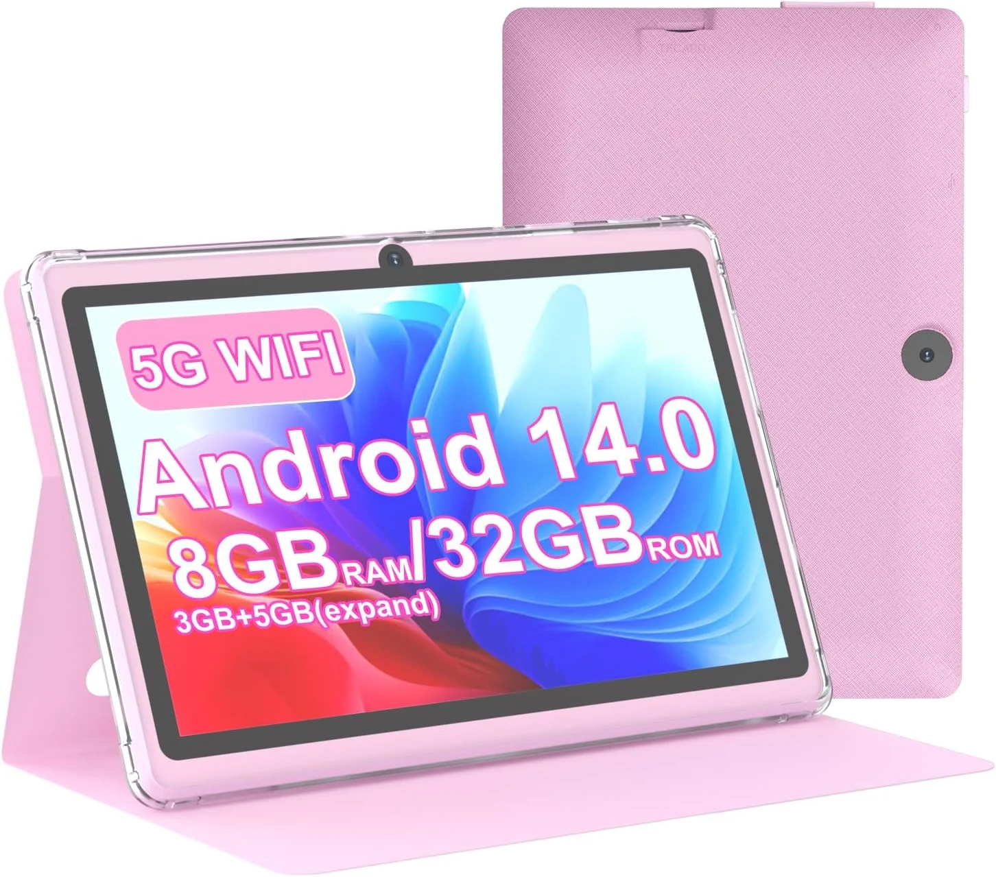 Tablet 7Inch Android 14.0 with Protective Case, 8GB RAM (3GB+5GB extended) + 32GB ROM, IPS Screen, Dual Camera, Bluetooth 5.0, 2.4G+5G WiFi (Pink)