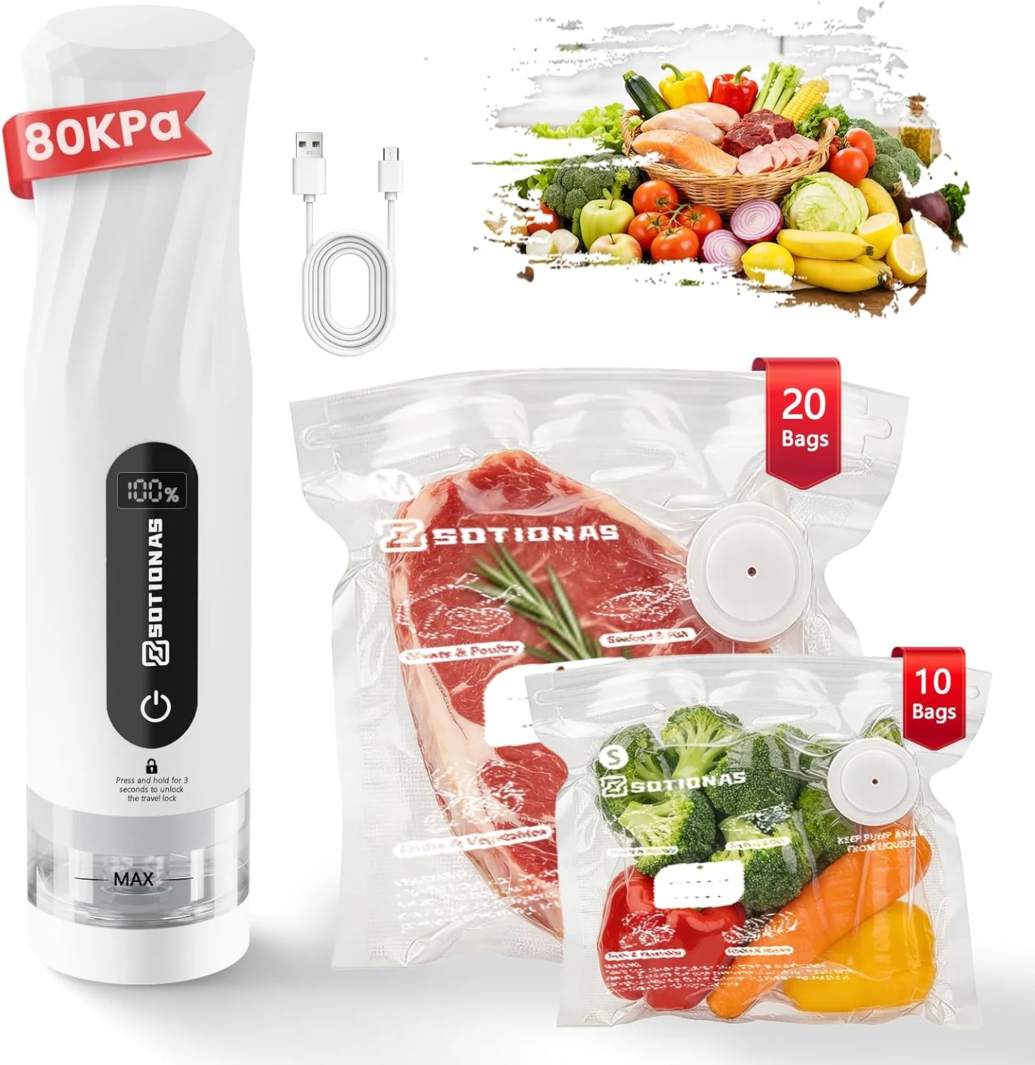 Compact Vacuum Sealer for Food (Vacuum Sealer Machine + 30 Reusable Vacuum Sealer Bags)