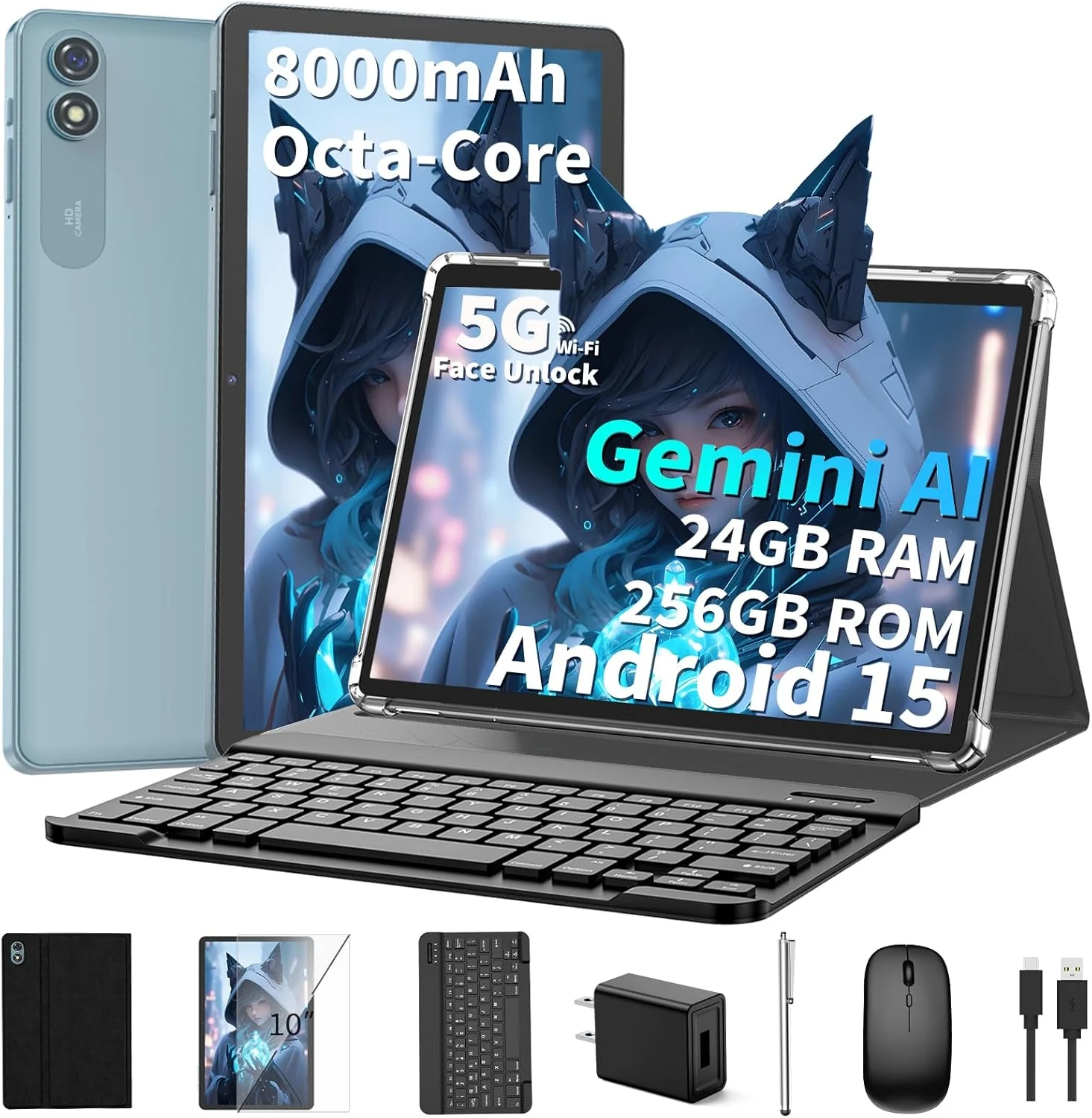 10 inch Android 15 Tablet, 2026 Tablet with Keyboard, 24GB+256GB+2TB Expand