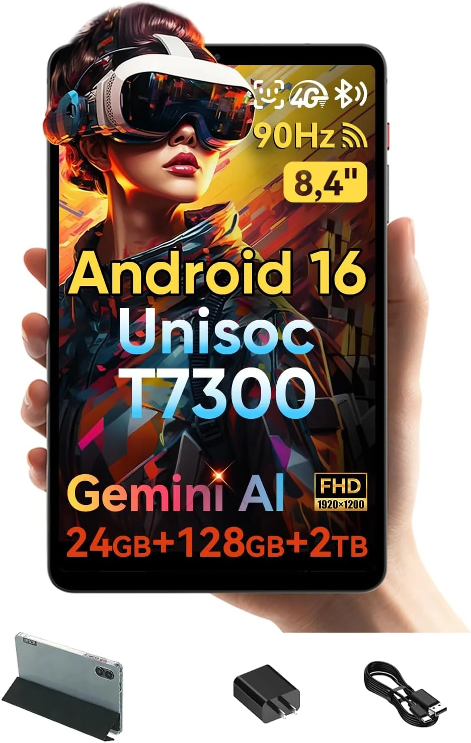 8.4" Android 16 Tablet with Gemini AI, Unisoc T7300 Octa-Core 24(8+16) GB RAM 128GB ROM 2TB TF, FHD 90Hz Portable BPad T1