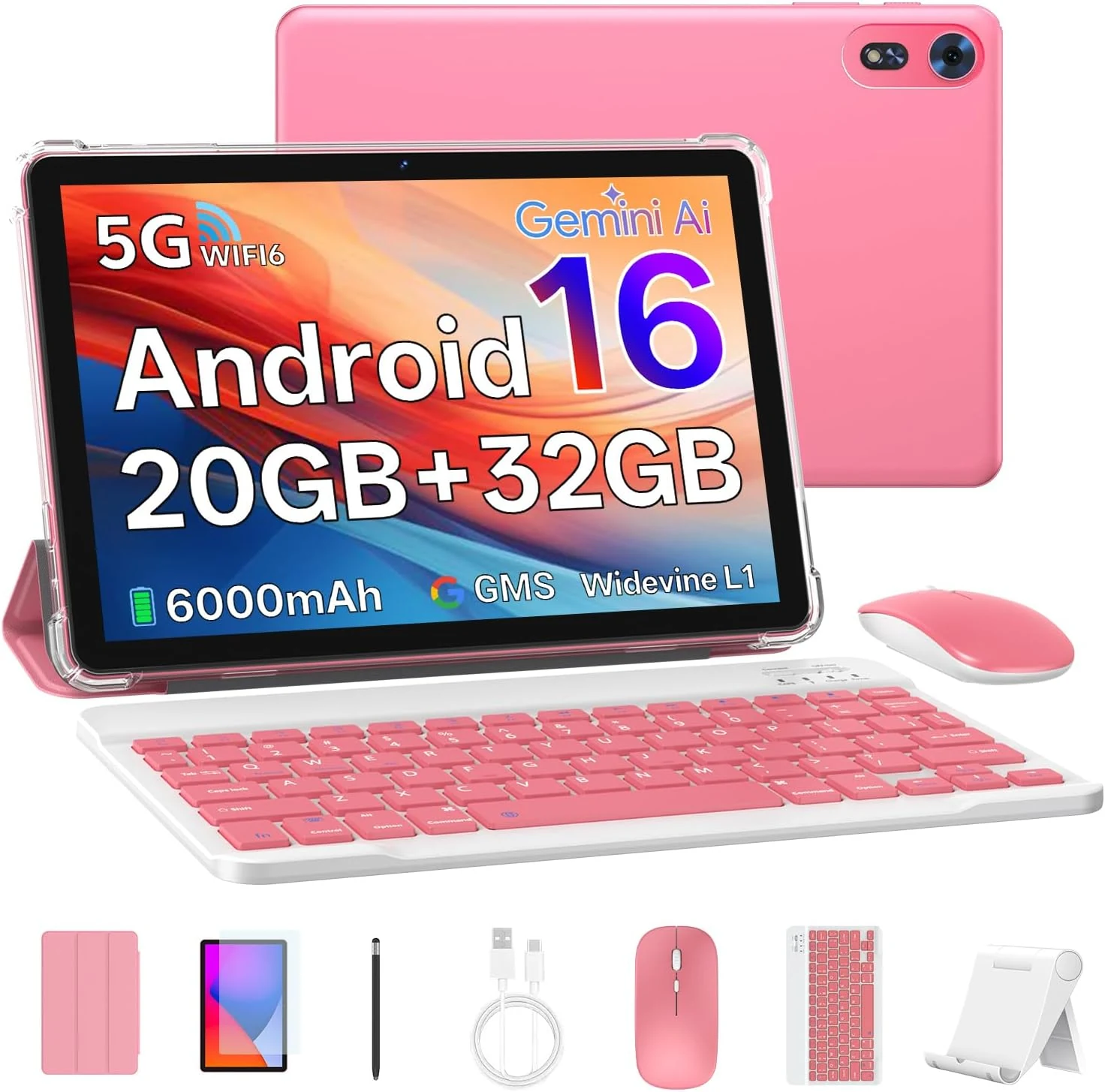 2026 Tablet 10 inch Android 16 Tablet with Keyboard, 20GB RAM 1TB Expandable Storage, 1280x800 HD Screen, Dual Camera, 6000mAh Battery, WiFi 6, BT 5.4 (Pink)
